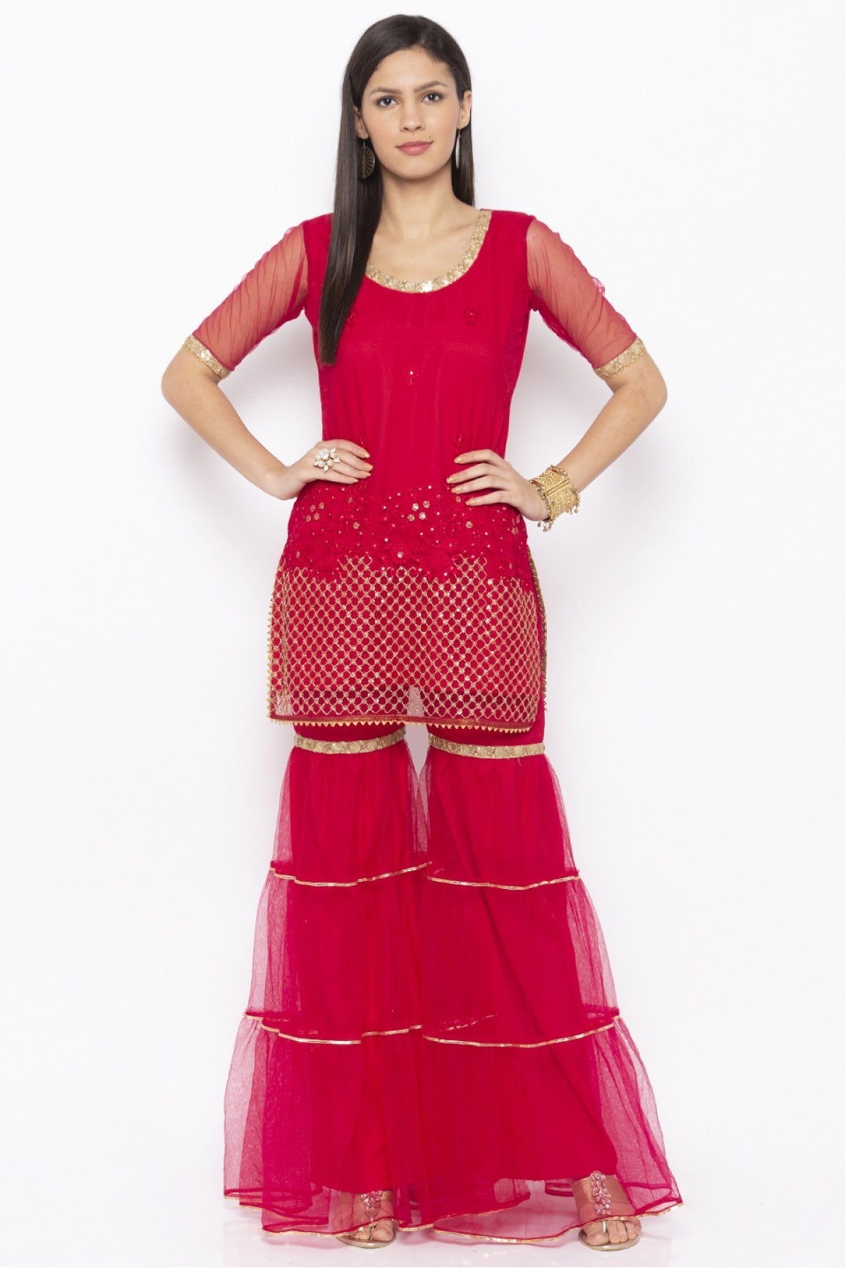 Pink Colour Plus Size Net Embroidery Kurti