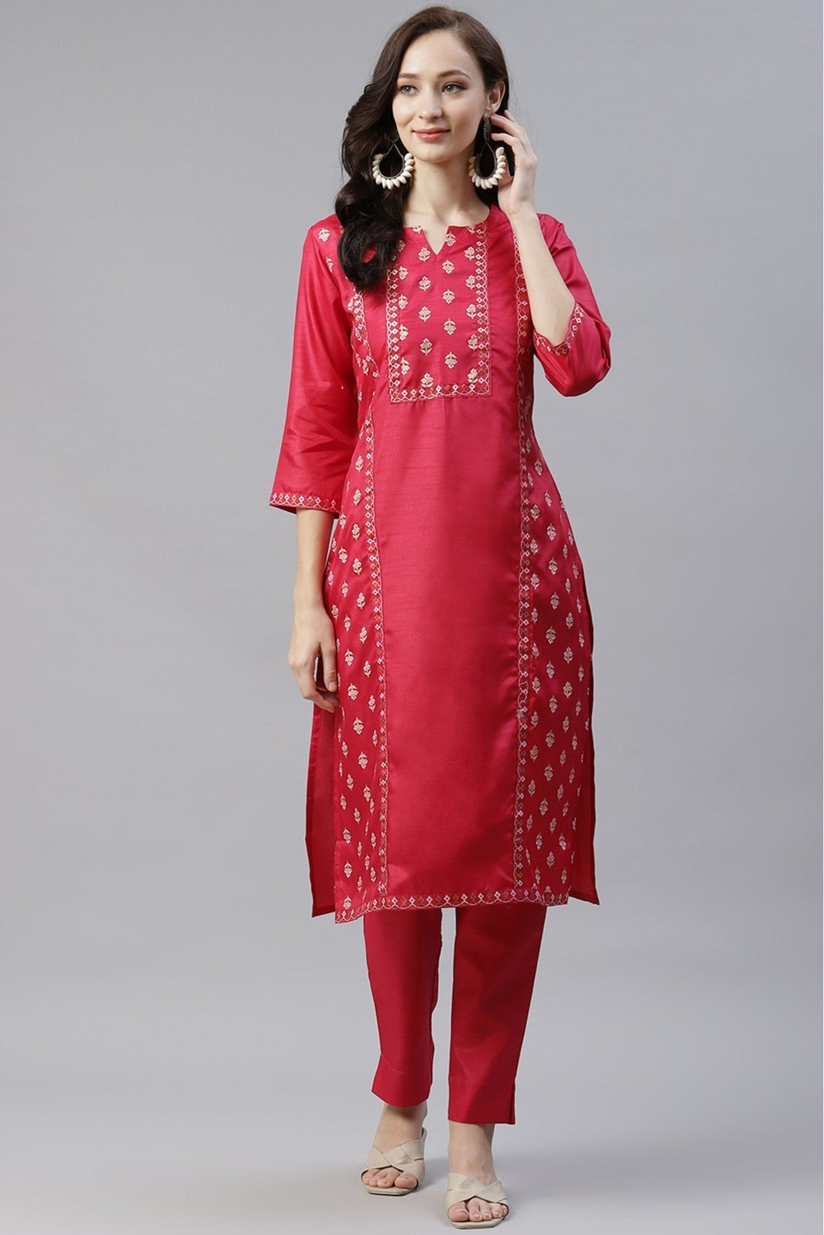 Pink Colour Plus Size Poly Silk Foil Print Kurti With Pant Set VSKR1060090