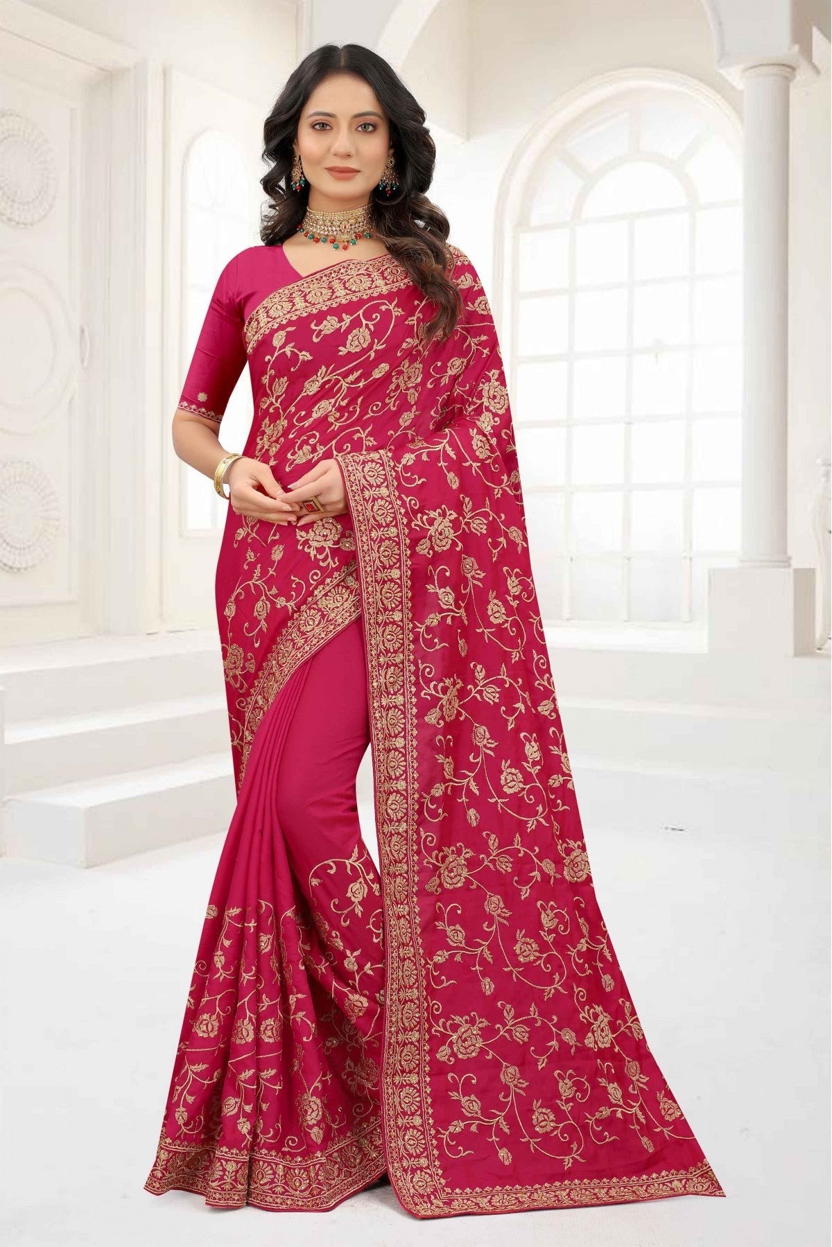 Pink Colour Satin Silk Embroidery Saree VSSD1090328