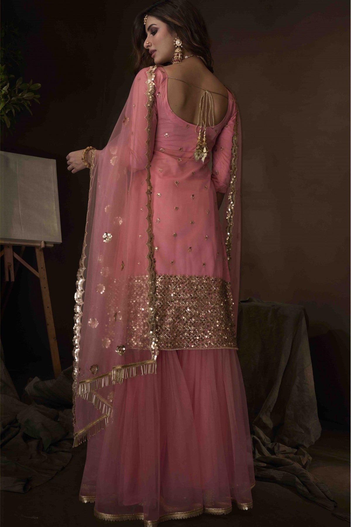 Pink Colour Soft Net Sequins Work Sharara Suit VSSM1080635