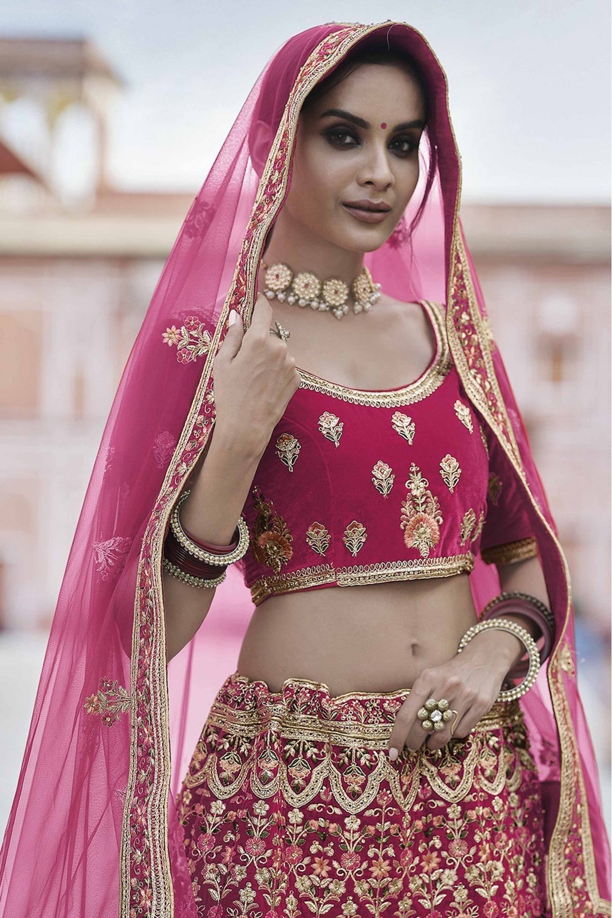 Pink Colour Velvet Hand Work Lehenga Choli VSLC1080087
