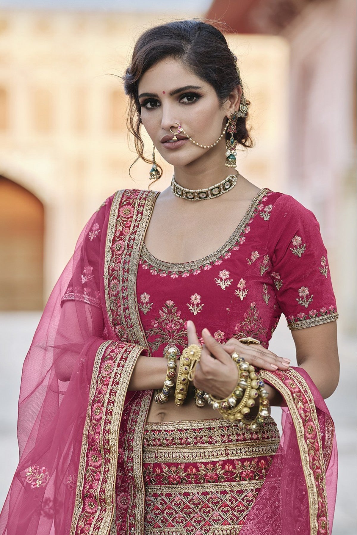 Pink Colour Velvet Hand Work Lehenga Choli VSLC1080109