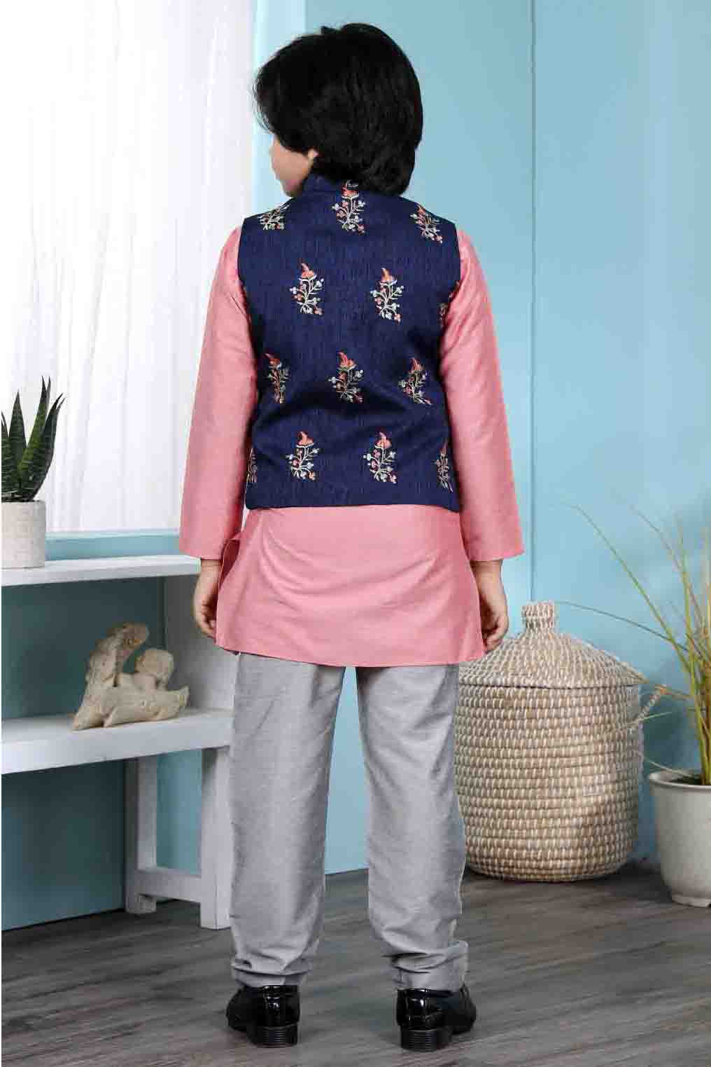 Pink and Blue Colour Cotton Silk Kurta Pajama With Jacket VSBW1070106