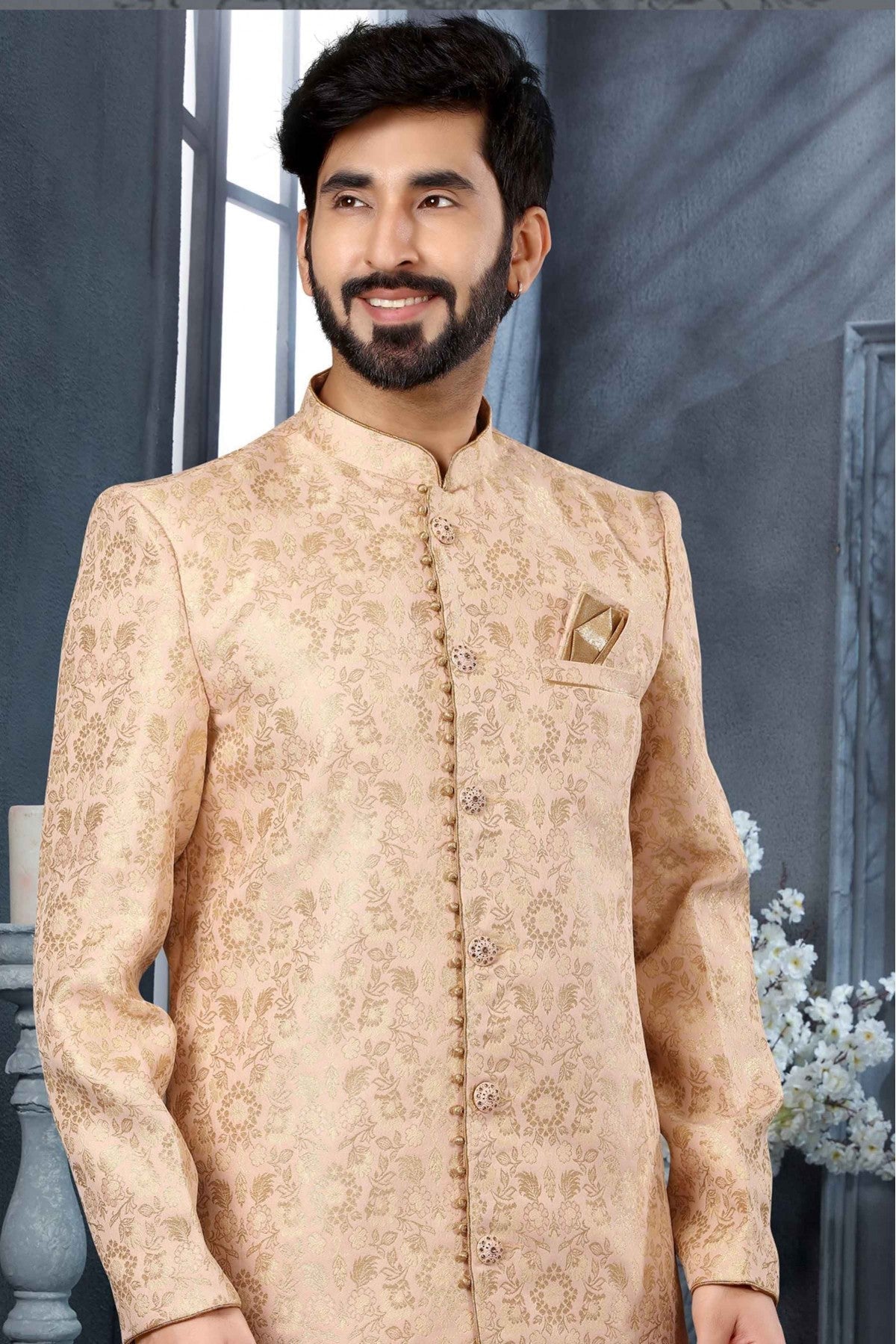Pink and Cream Colour Jacquard Woven Sherwani VSSH1040319