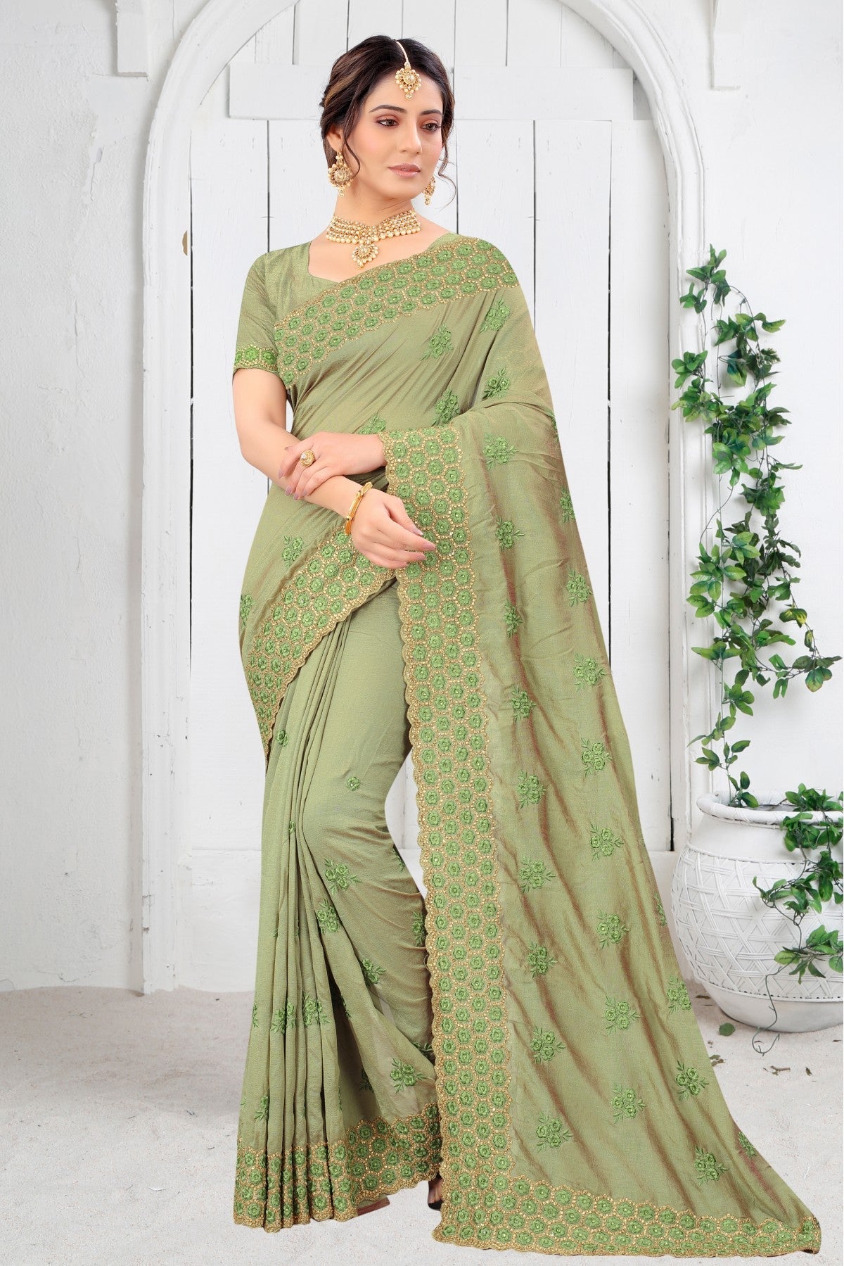 Pista Green Colour Vichitra Silk Embroidery Saree VSSD1120209