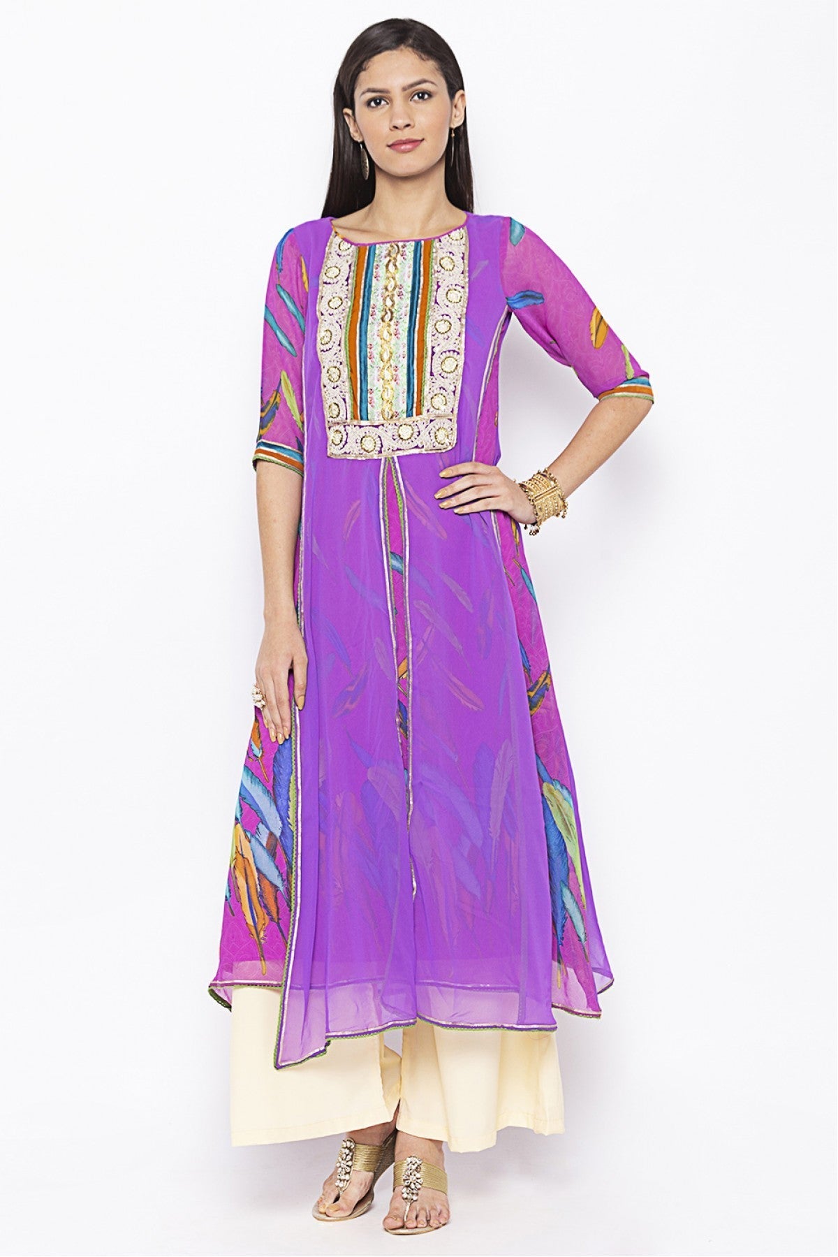 Purple Colour Plus Size Georgette Embroidery Kurti