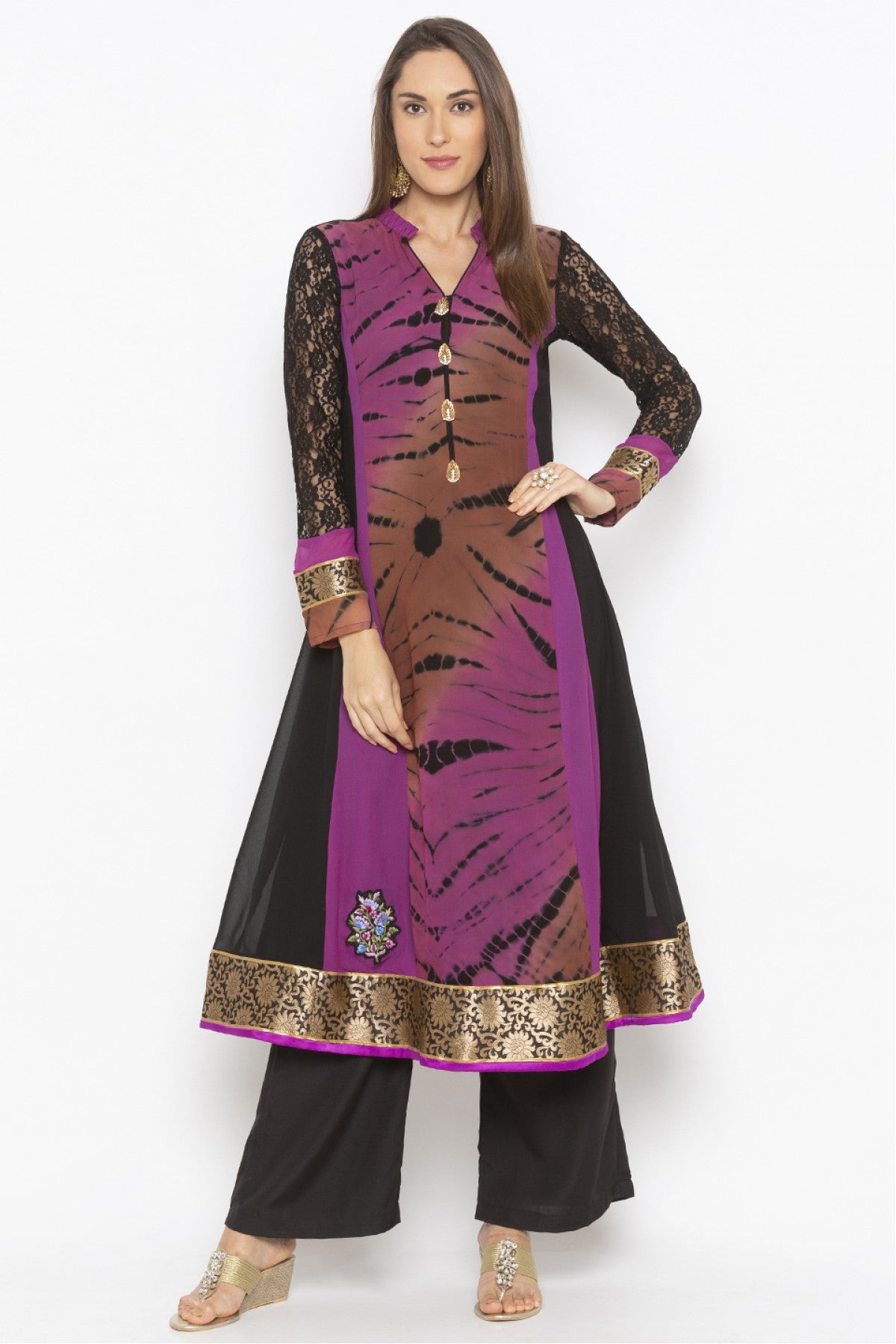 Purple and Black Colour Plus Size Georgette Embroidery Kurta Set