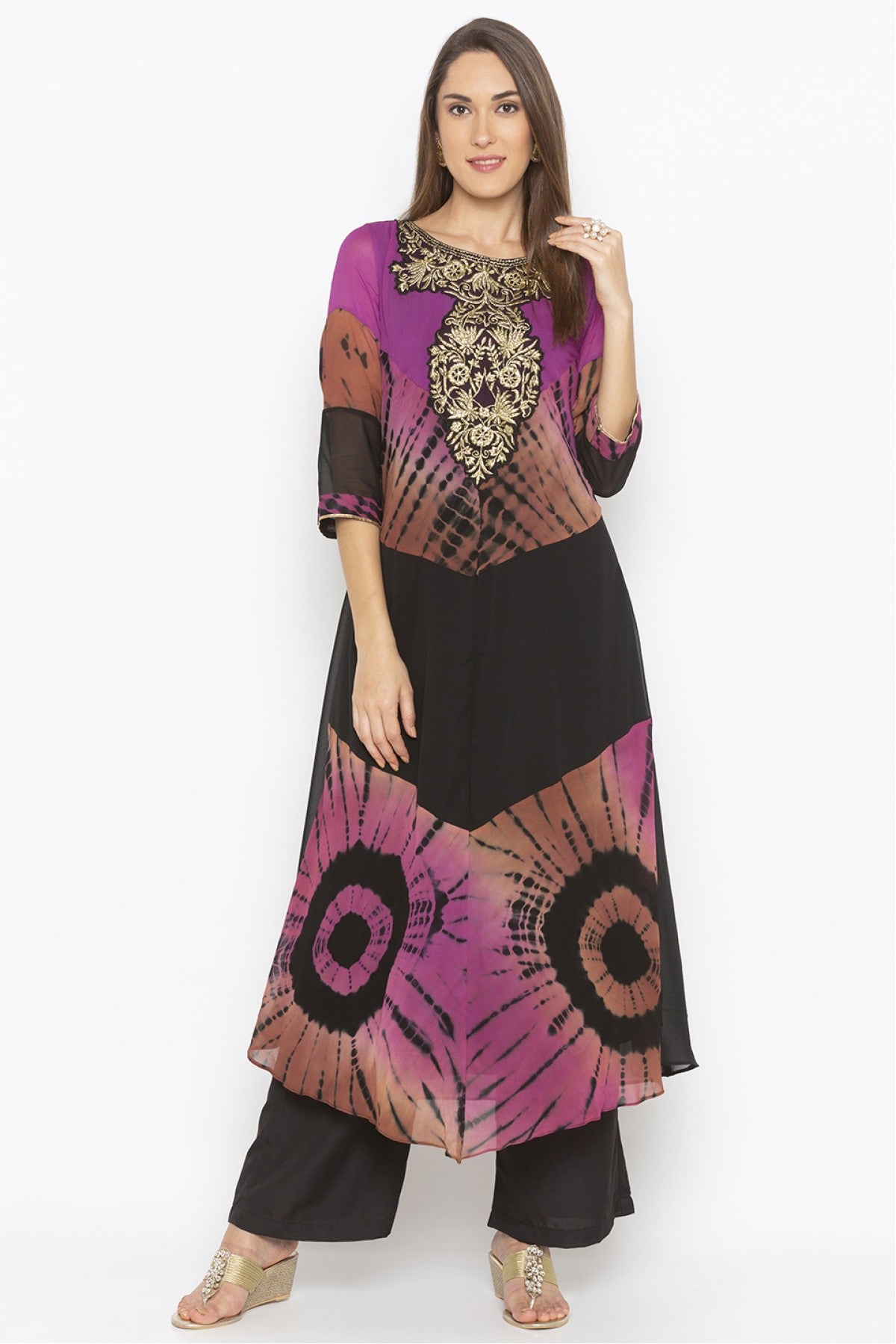 Purple and Black Colour Plus Size Georgette Embroidery Kurti