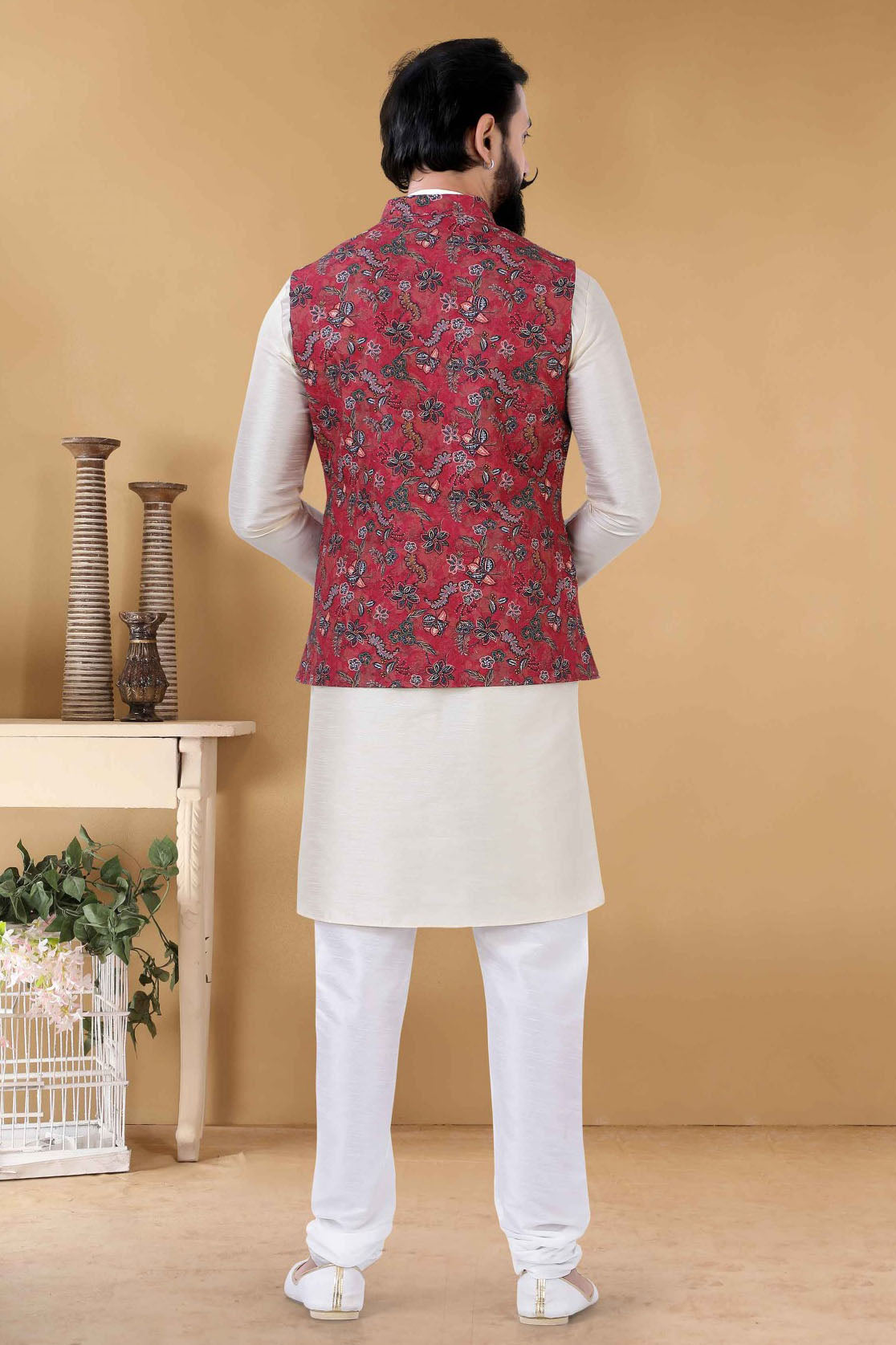 Red Colour Cotton Kurta Pajama With Jacket VSKP1130090