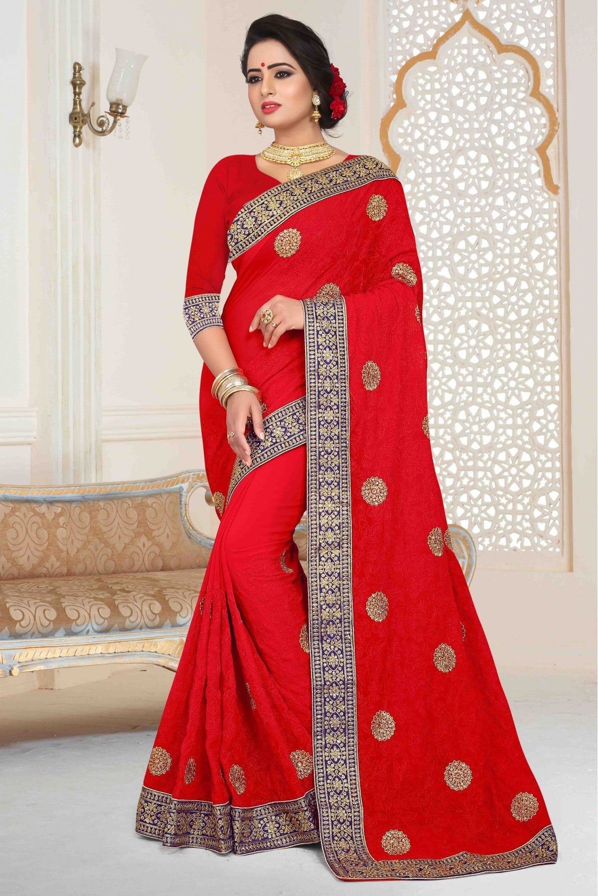 Red Colour Georgette Embroidered Saree VSSD1120013