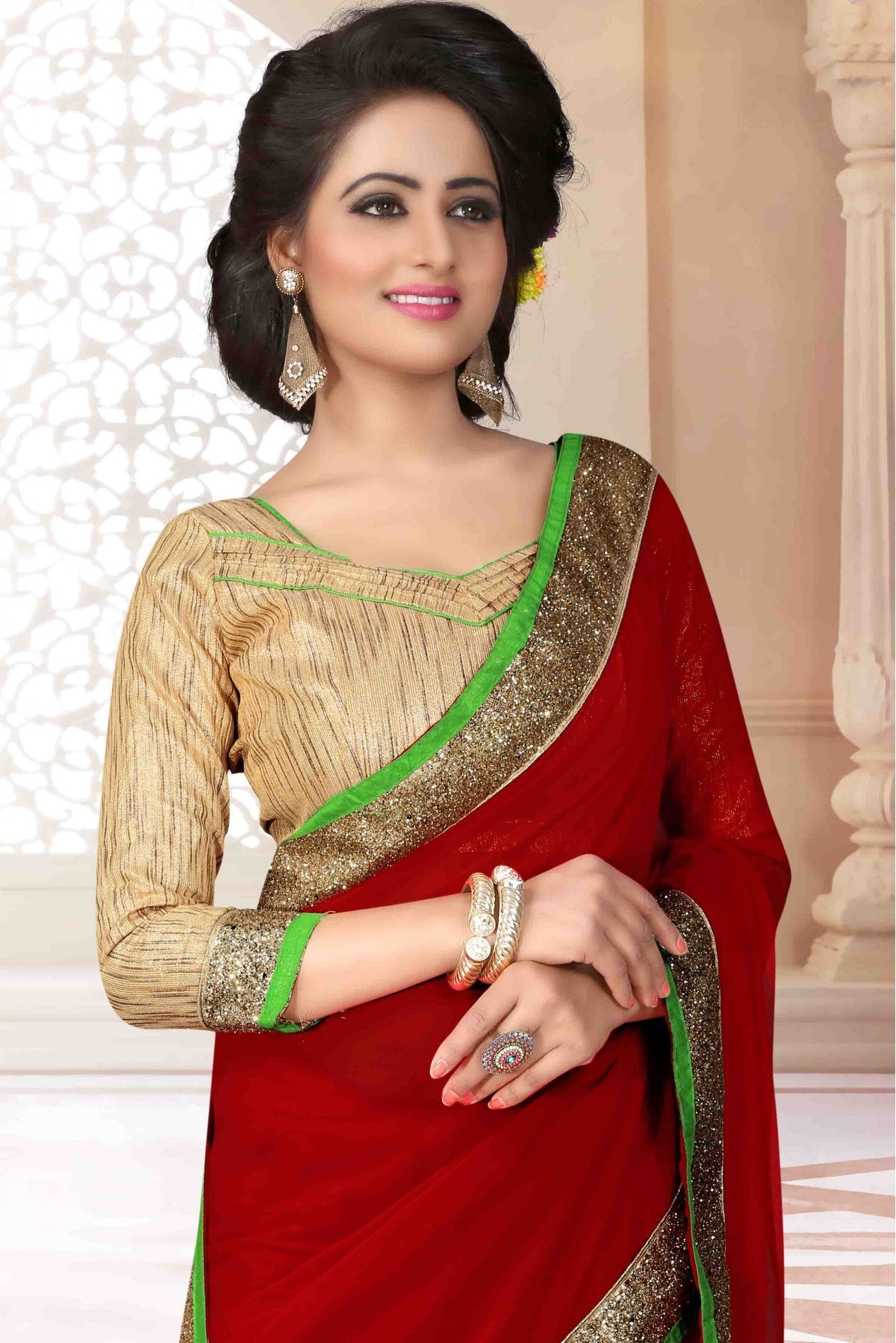 Red Colour Georgette Lace Work Saree VSSD1120569
