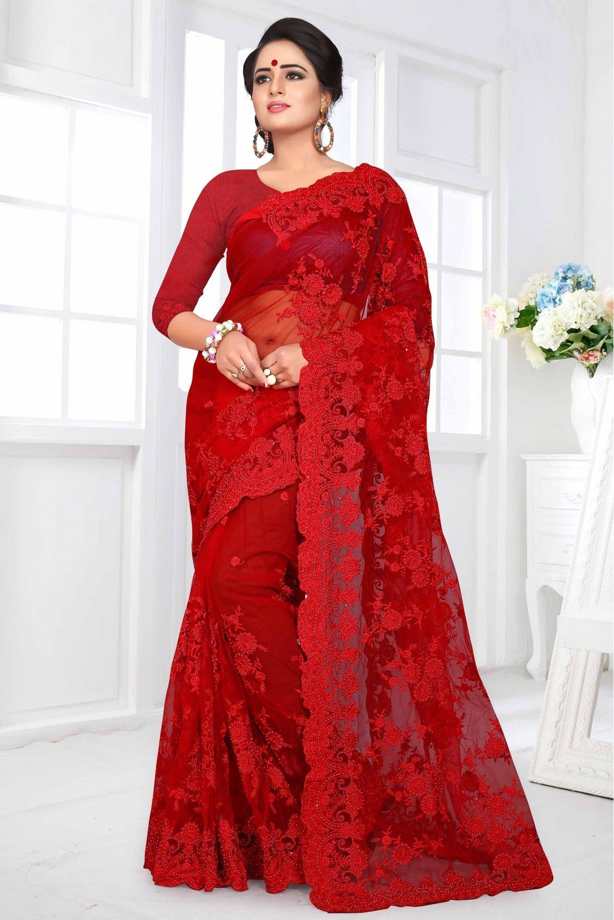 Red Colour Net Designer Saree VSSD1090022