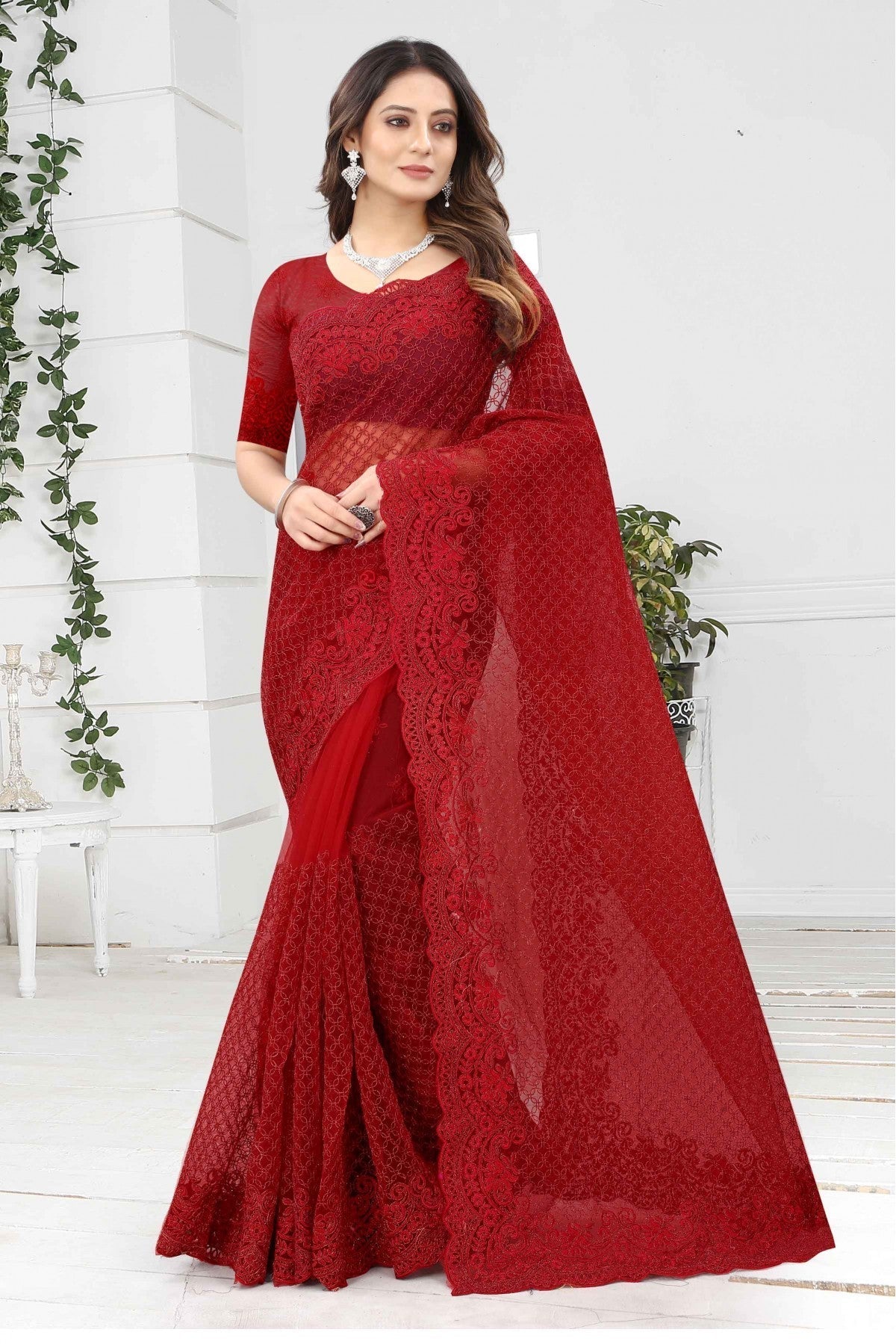 Red Colour Net Designer Saree VSSD1090236