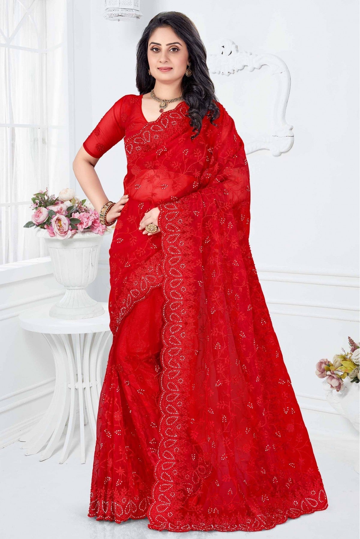 Red Colour Net Designer Saree VSSD1090341