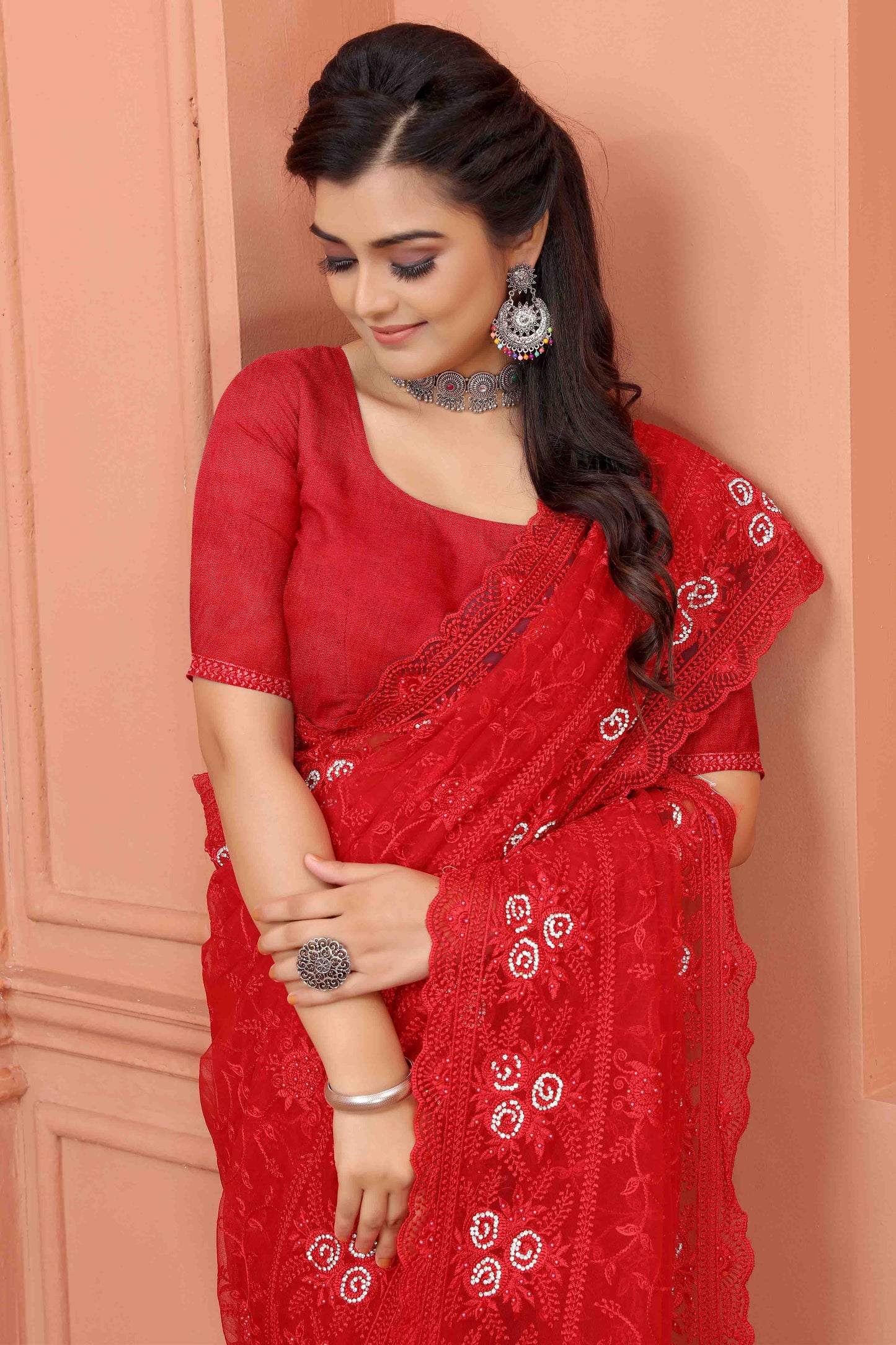 Red Colour Net Designer Saree VSSD1090512