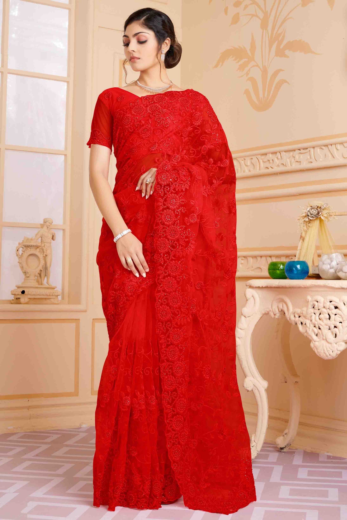 Red Colour Net Designer Saree VSSD1090608