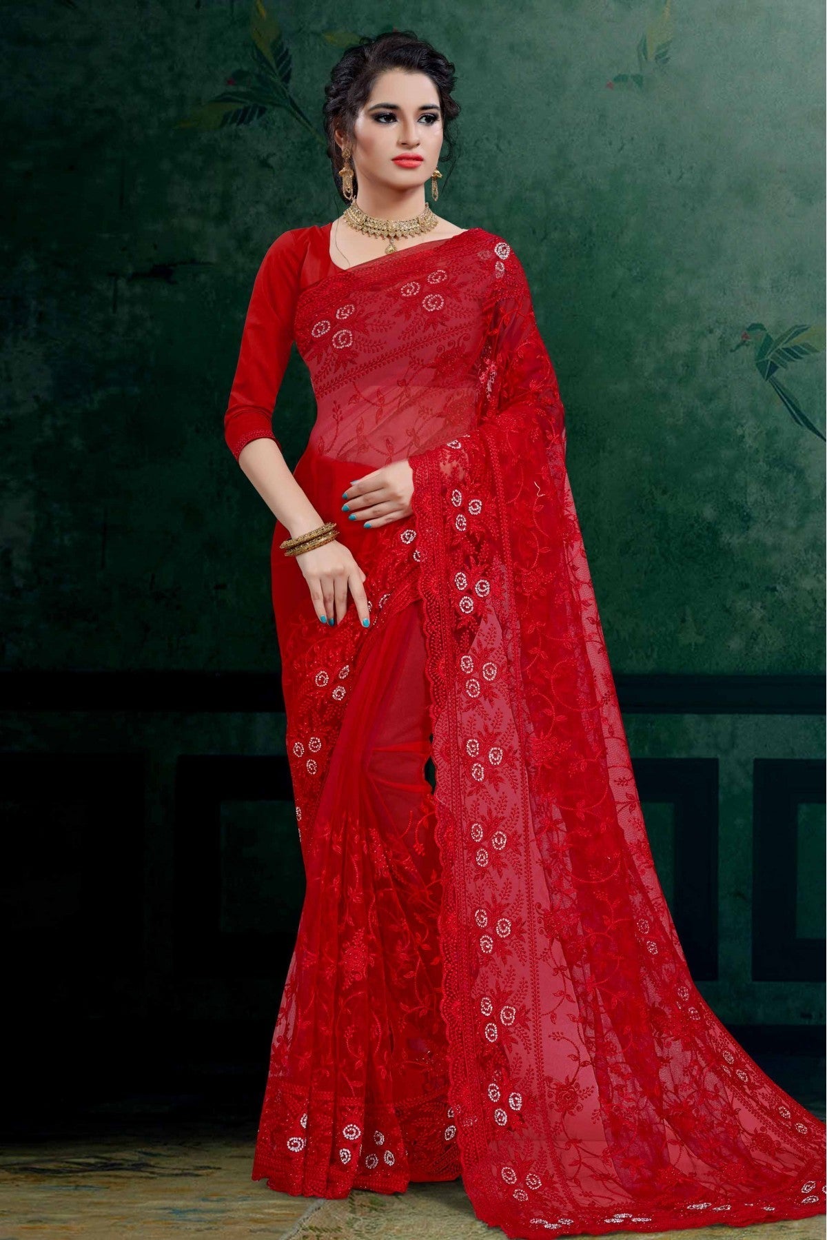 Red Colour Net Embroidery Saree VSSD1090106