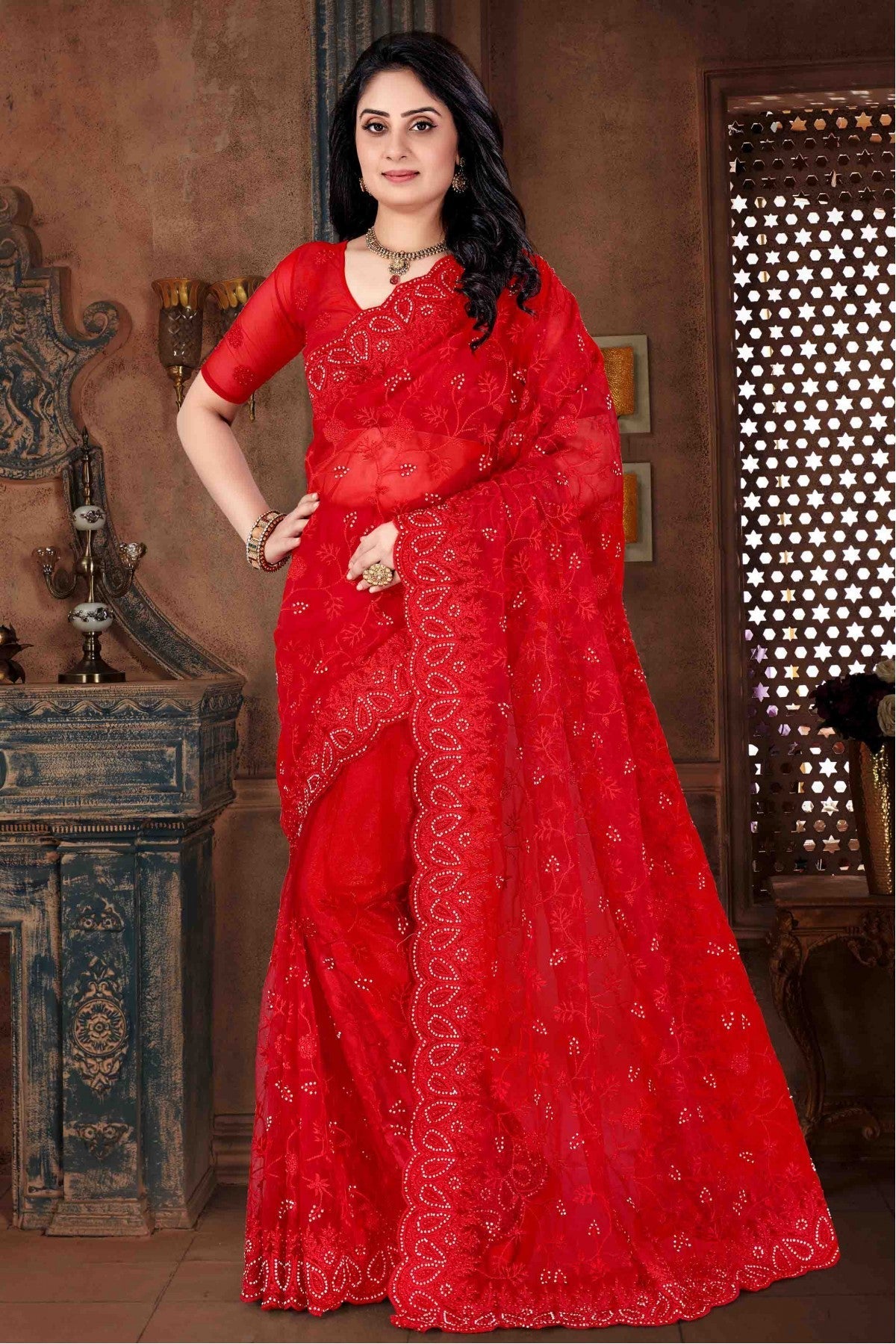 Red Colour Net Embroidery Saree VSSD1090112