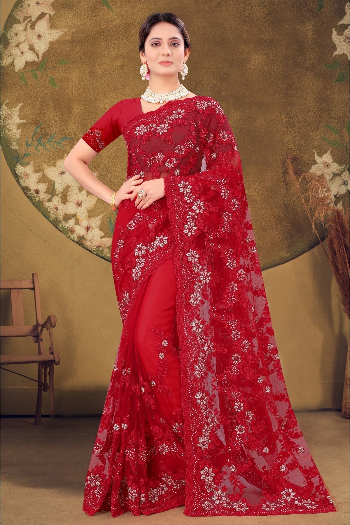 Red Colour Net Embroidery Saree VSSD1090411
