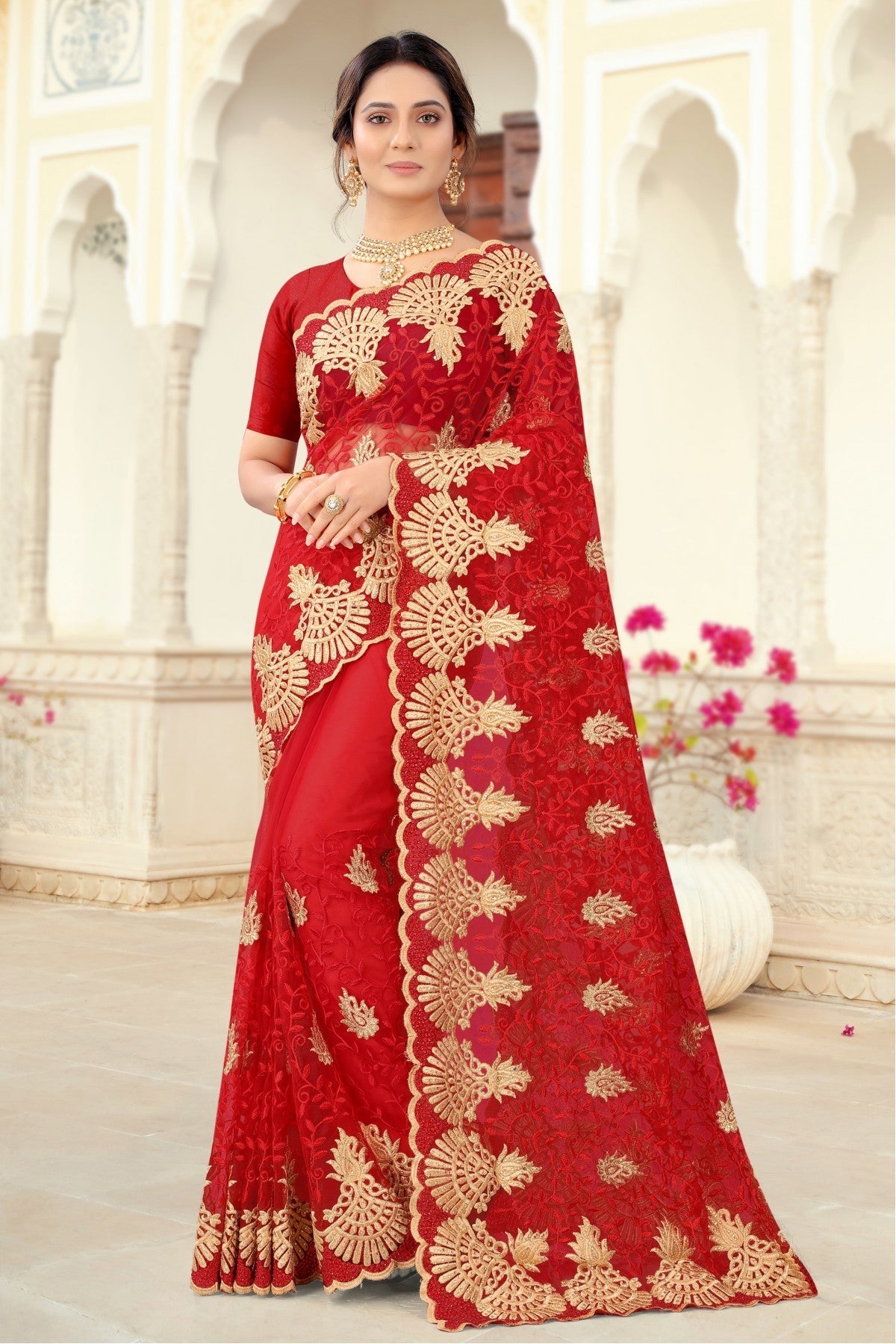 Red Colour Net Embroidery Saree VSSD1090439