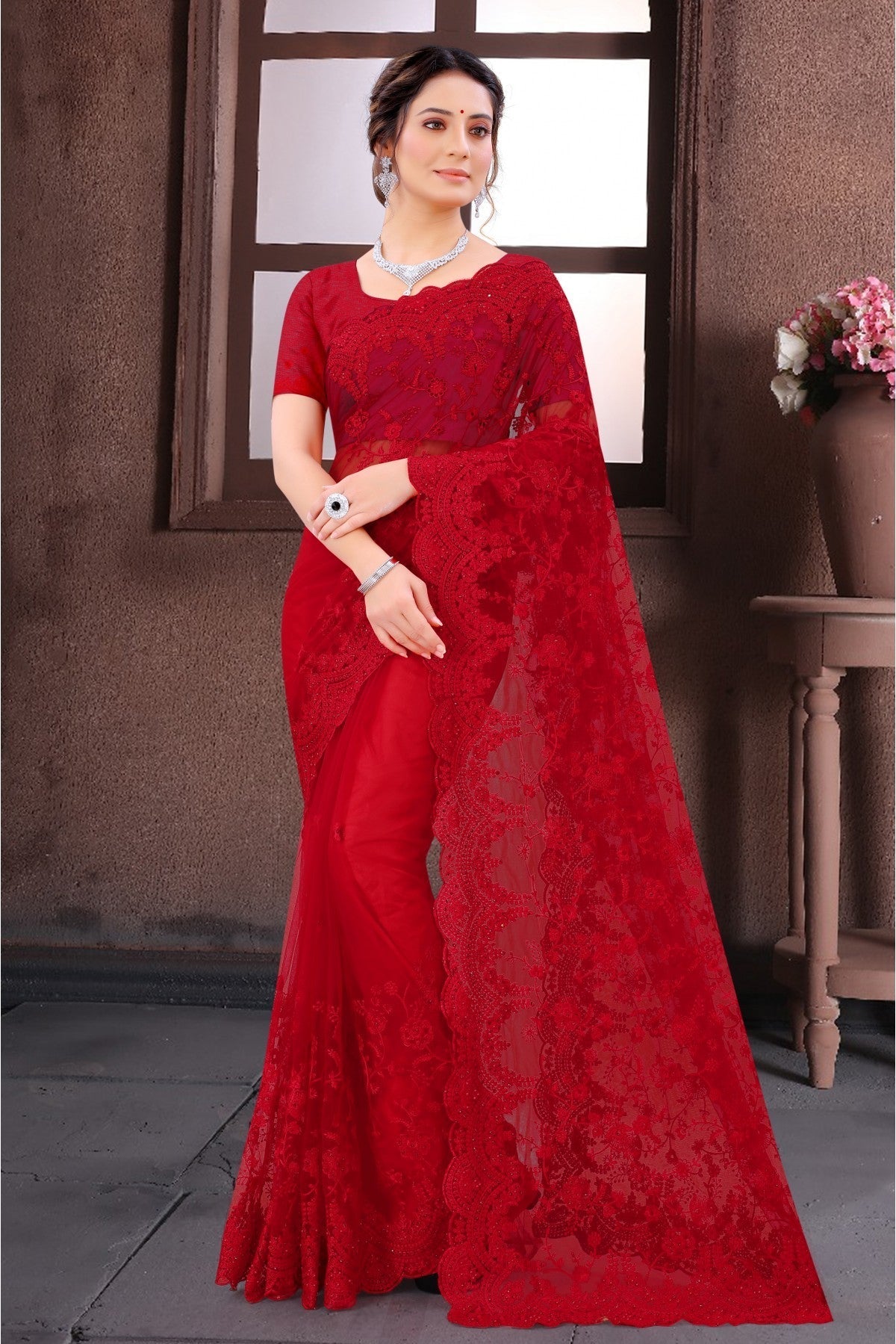 Red Colour Net Resham Work Saree VSSD1090415