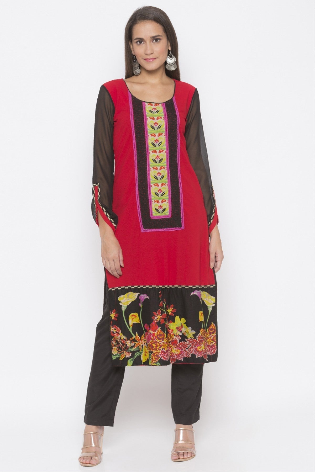 Red Colour Plus Size American Crepe Embroidery Kurti