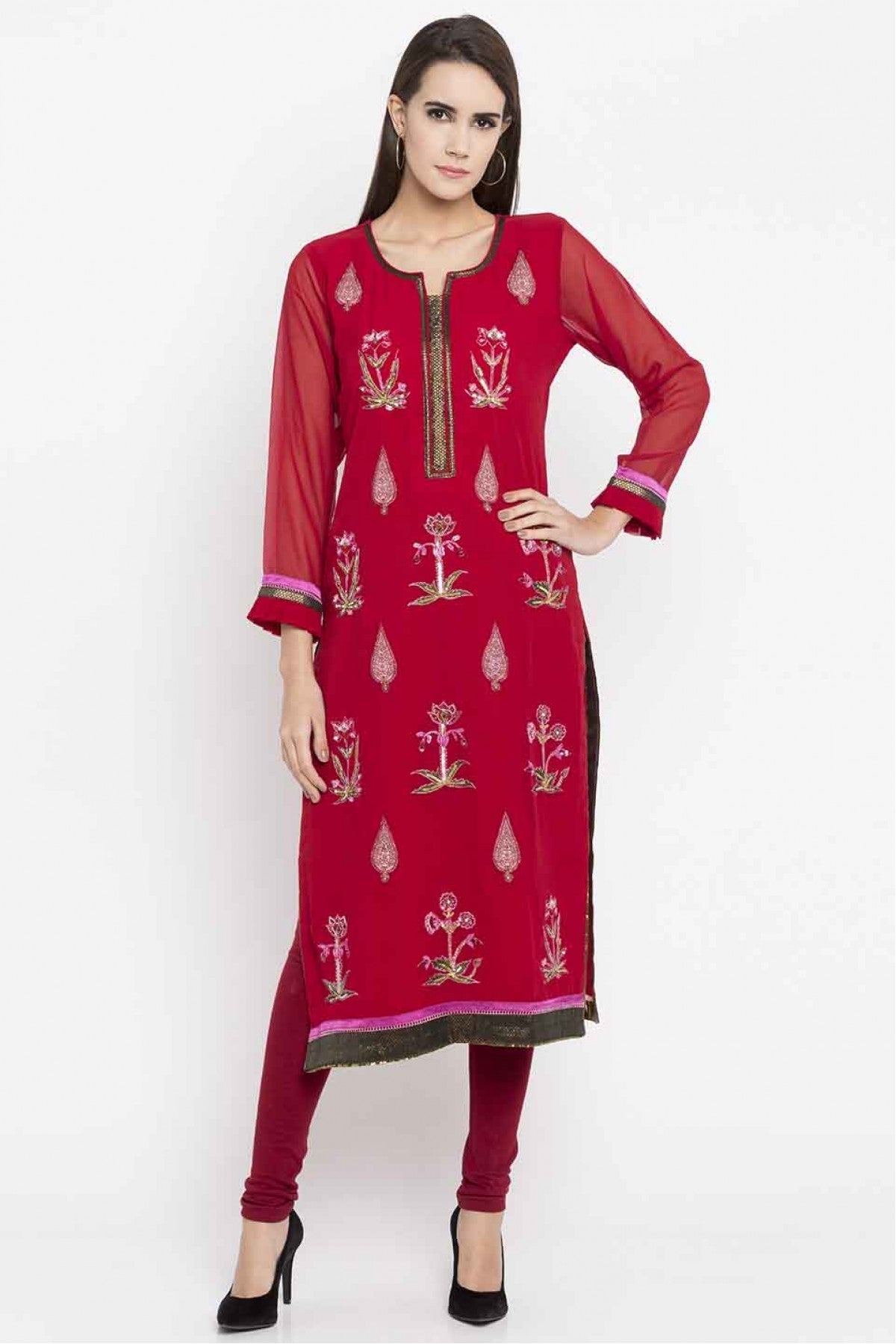 Red Colour Plus Size Faux Georgette Embroidery Kurti