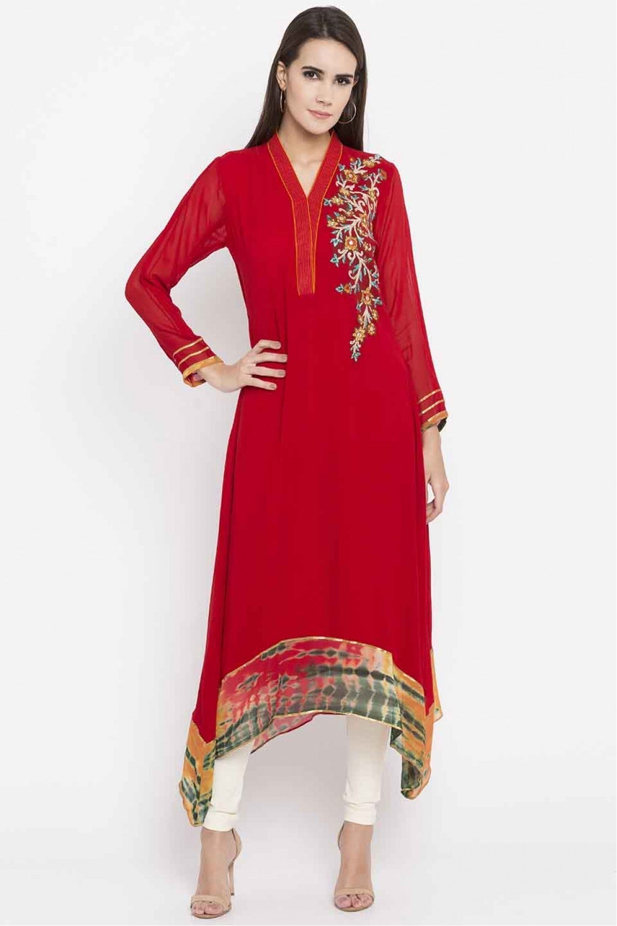 Red Colour Plus Size Faux Georgette Embroidery Kurti