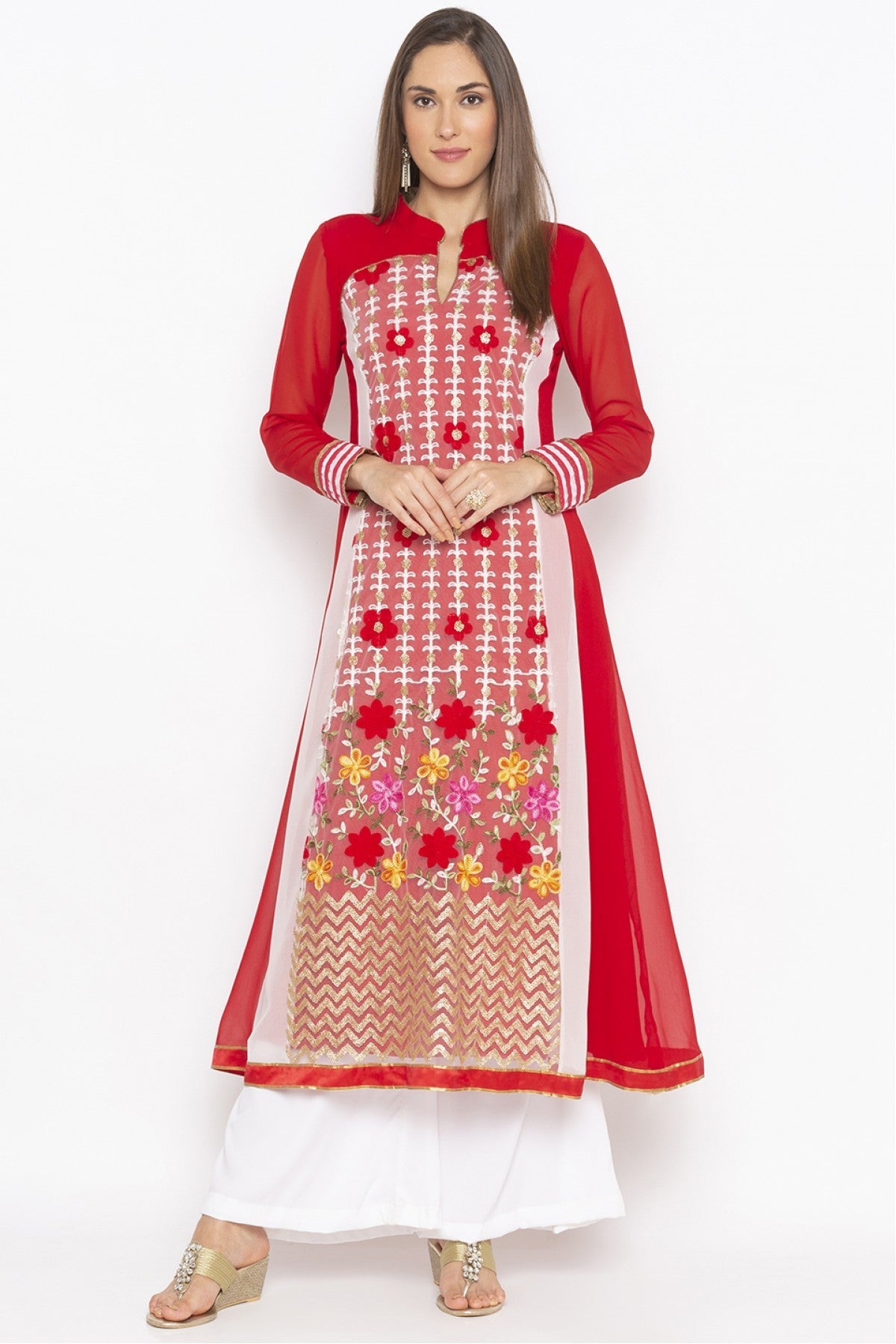 Red Colour Plus Size Georgette Embroidery Kurta Set
