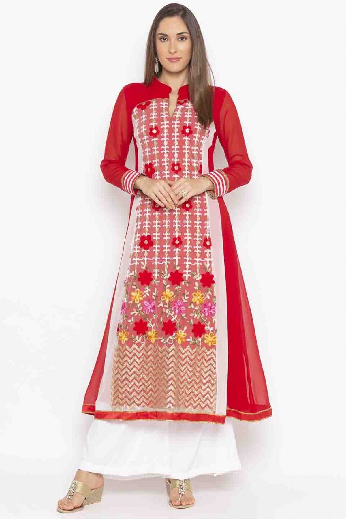 Red Colour Plus Size Georgette Embroidery Kurti