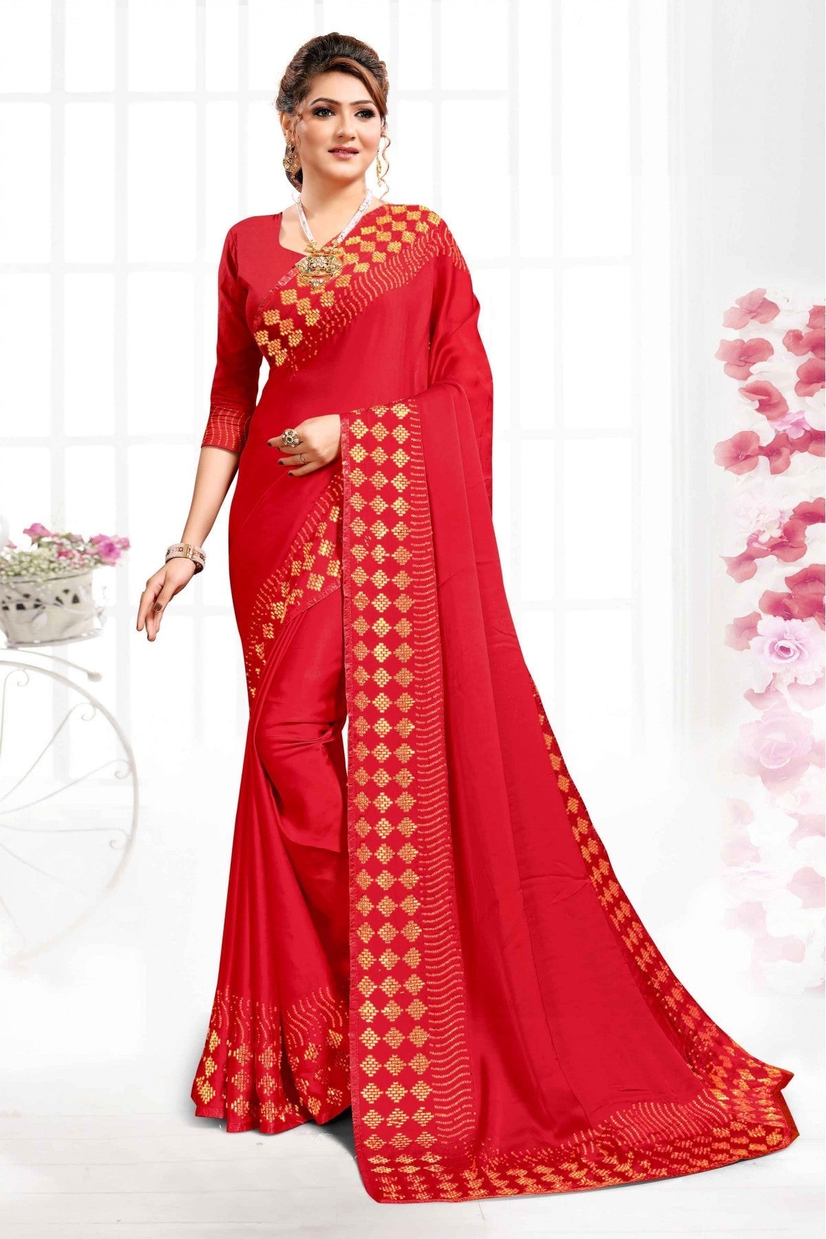 Red Colour Pure Satin Swarovski Work Saree VSSD1120335