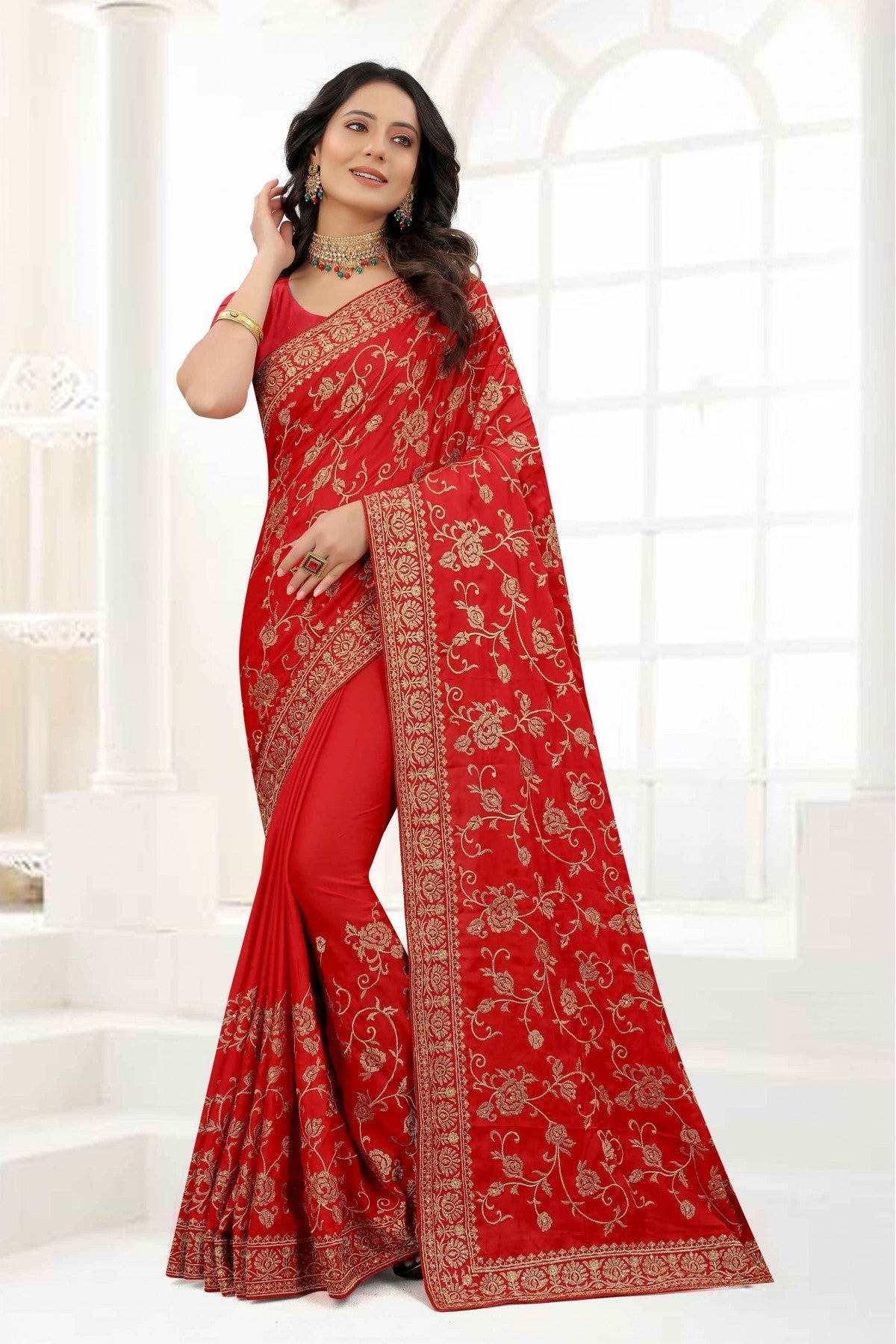 Red Colour Satin Silk Embroidery Saree VSSD1090325