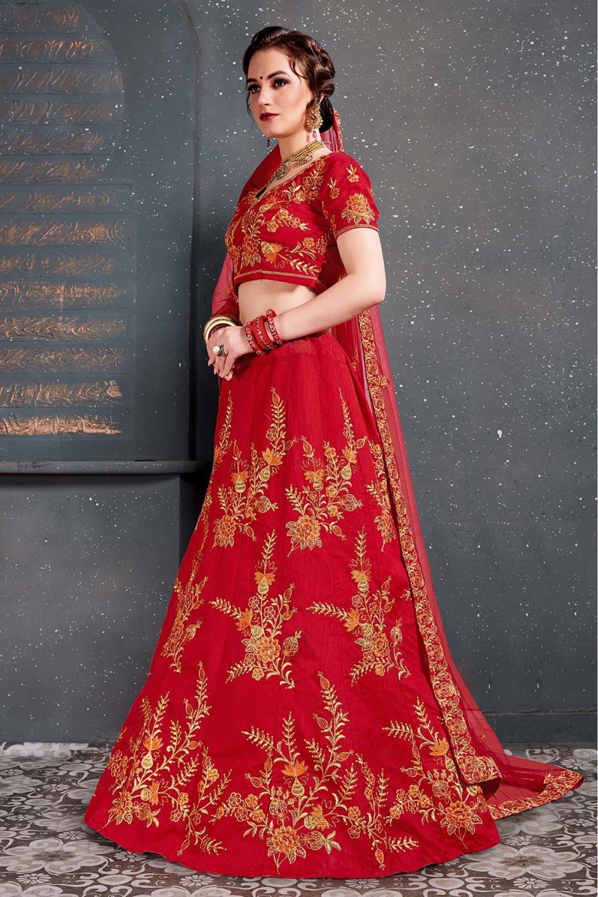 Red Colour Slub Silk Lehenga Choli VSLC1010035