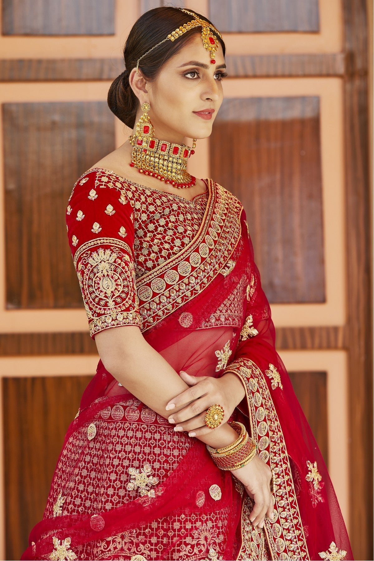 Red Colour Velvet Hand Work Bridal Lehenga Choli VSLC1080296