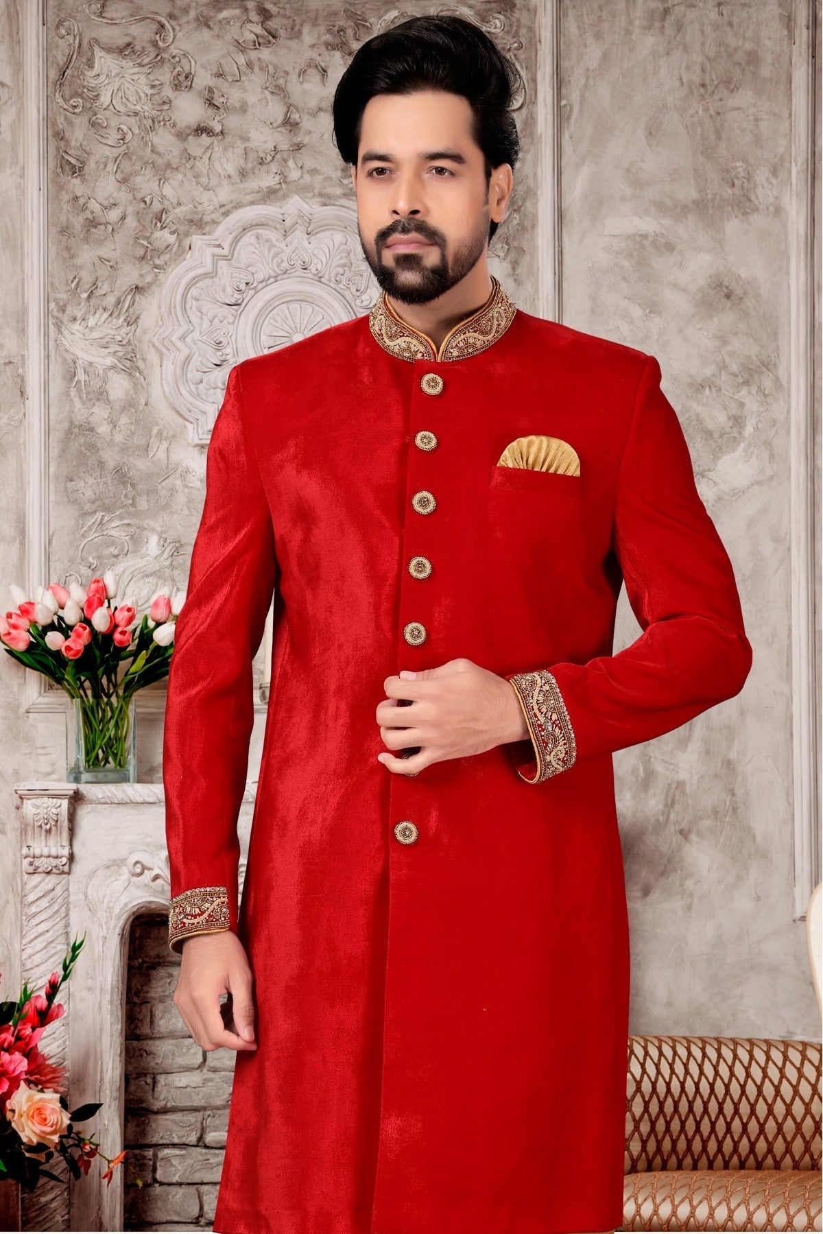 Red Colour Velvet Sherwani VSSH1040305