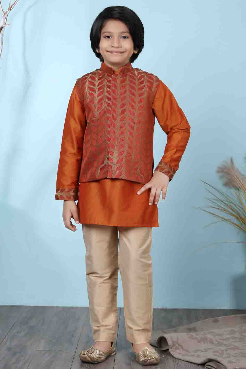 Rust Colour Cotton Silk Kurta Pajama With Jacket VSBW1070098