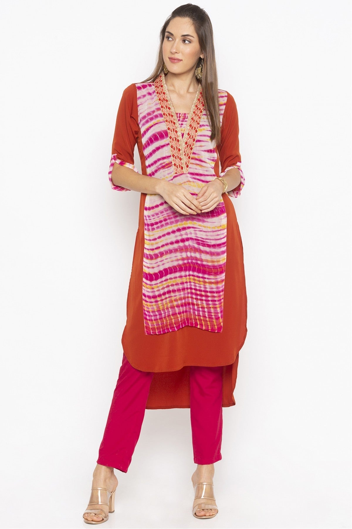 Rust Colour Plus Size Faux Crepe Embroidery Kurta Set
