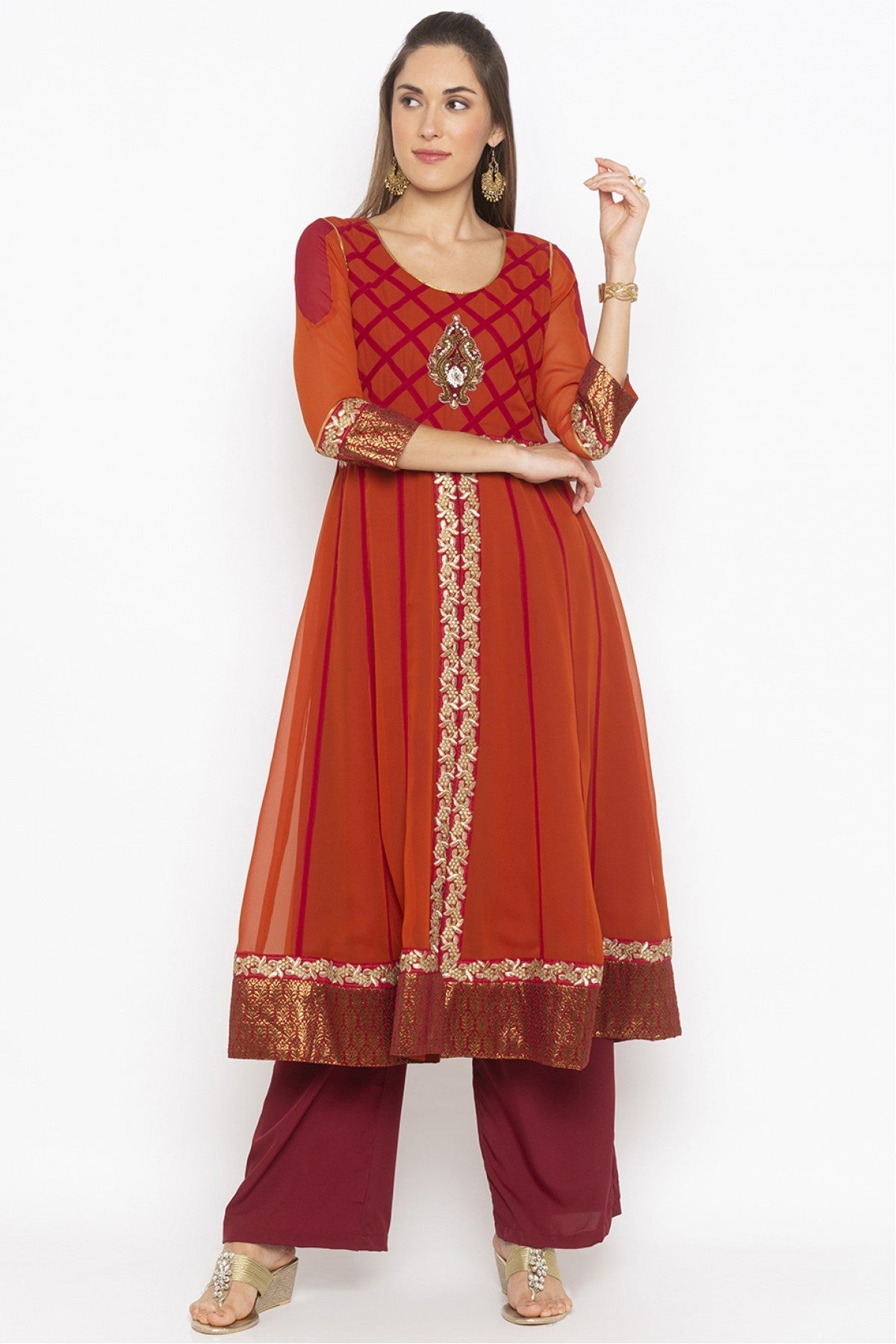 Rust Colour Plus Size Georgette Embroidery Kurta Set