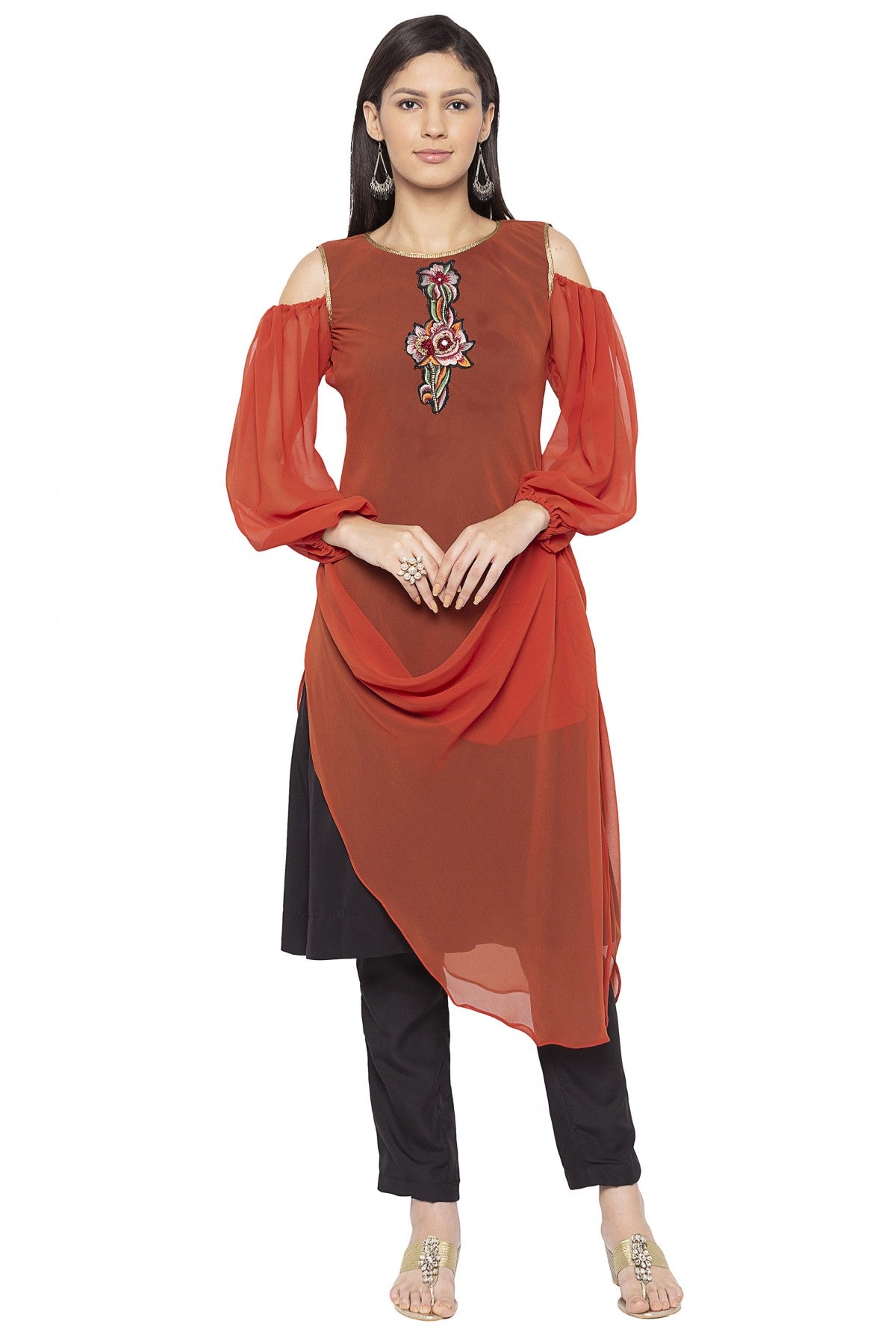 Rust Colour Plus Size Georgette Embroidery Kurta Set