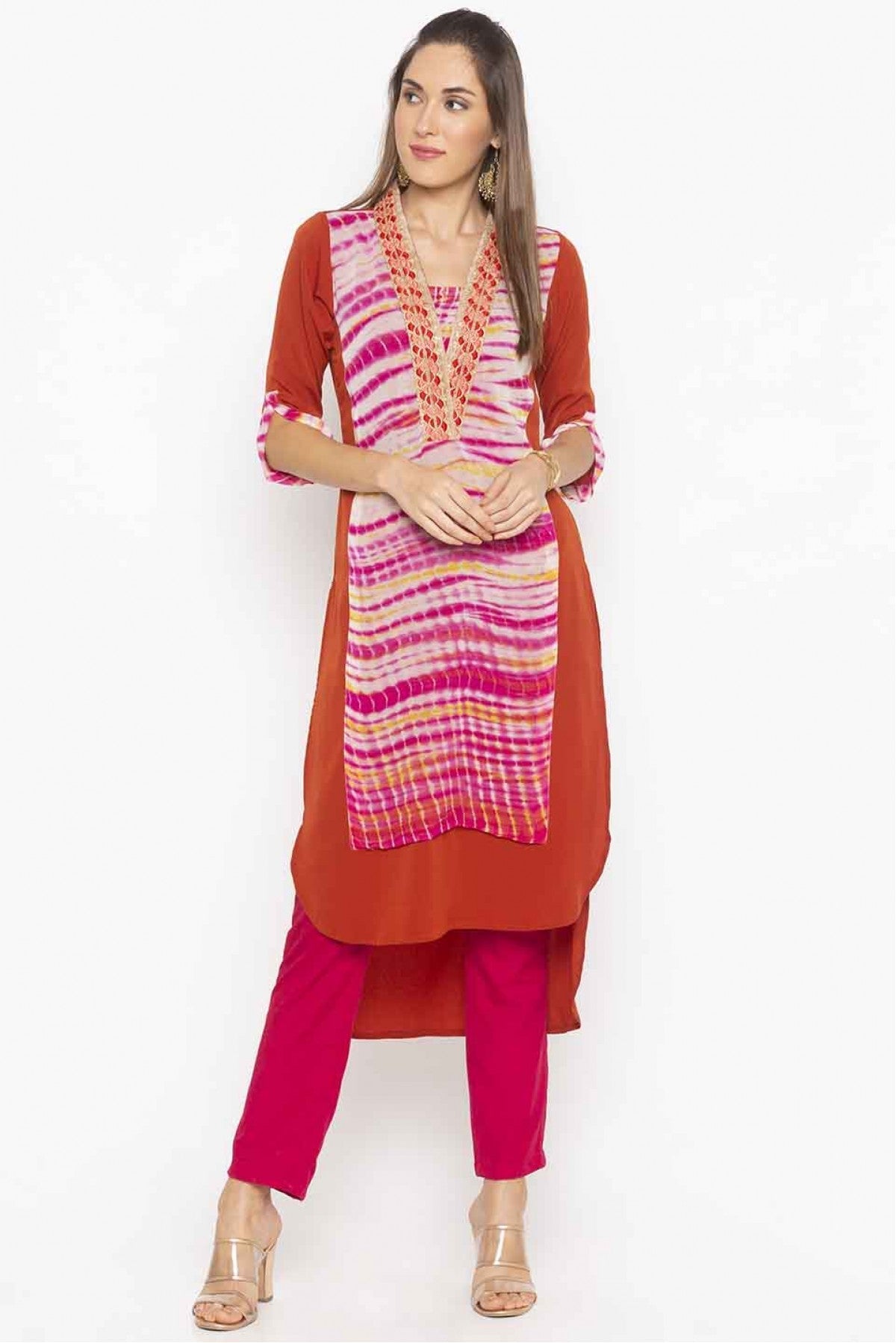 Rust Colour Plus Size Georgette Lace Work Kurti