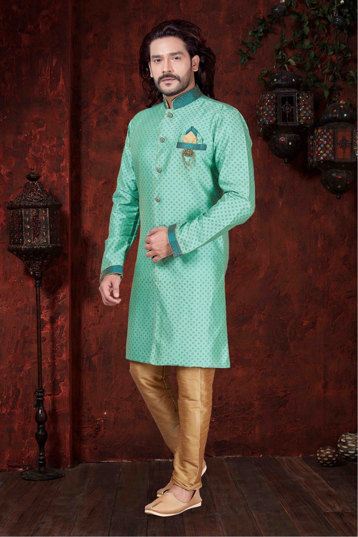 Sea Green Colour Kurta Pajama In Jarna Print Fabric VSKP1040034