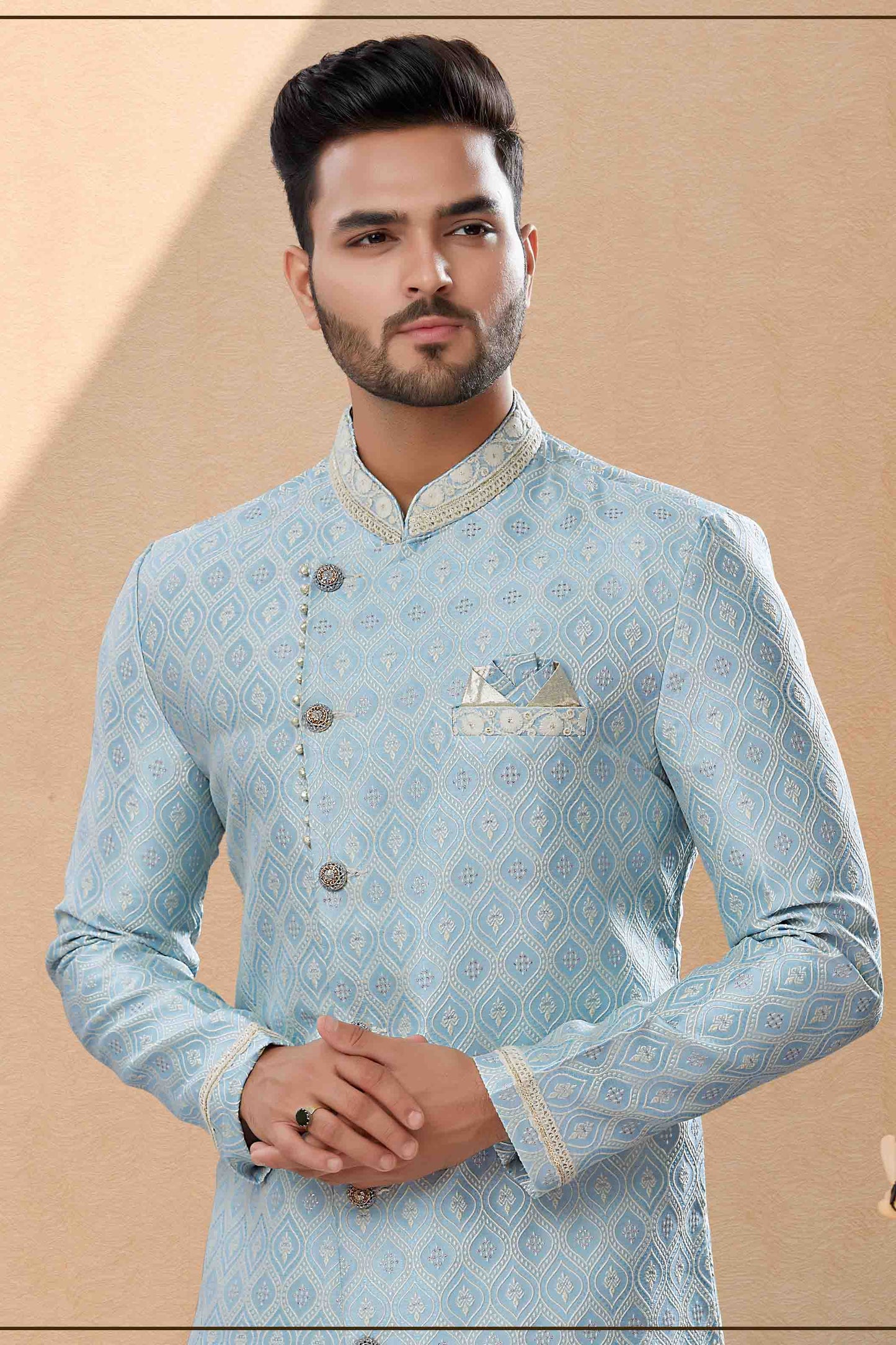 Sky Blue Colour Dhoti Sherwani In Banarasi Jacquard Fabric VSSH1040432
