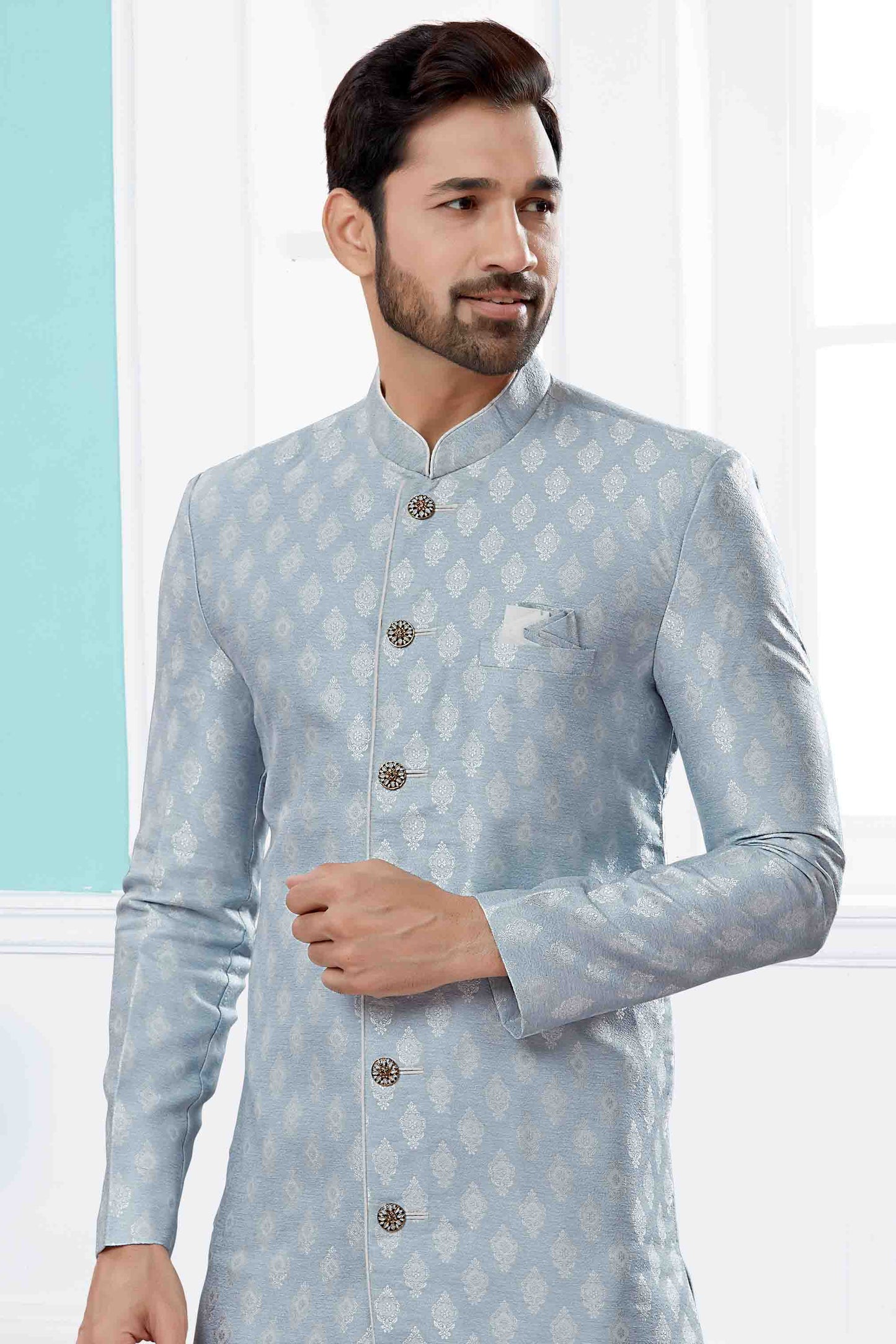 Sky Blue Colour Indo Western In Banarasi Jacquard Fabric VSSH1040447