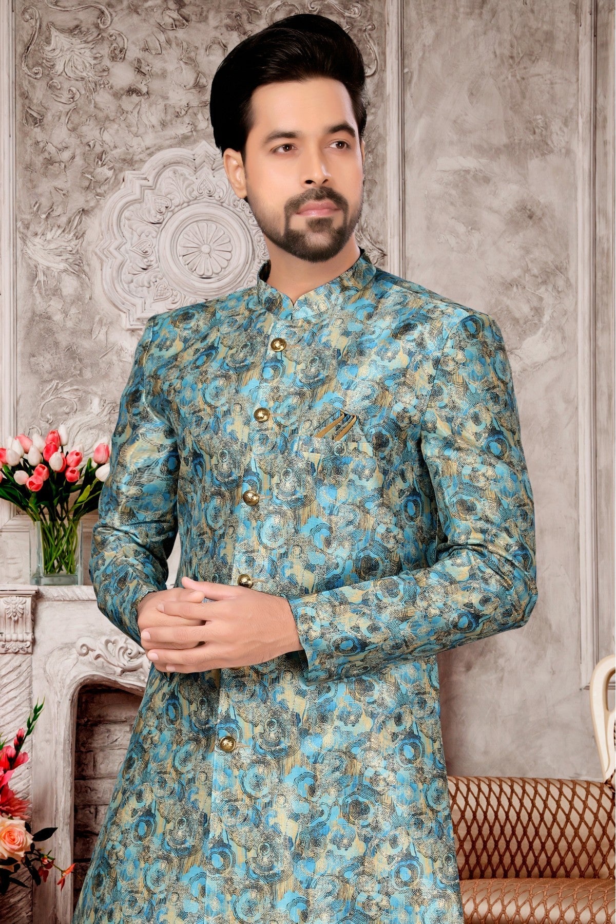 Sky Blue Colour Jacquard Dhoti Sherwani VSSH1040281