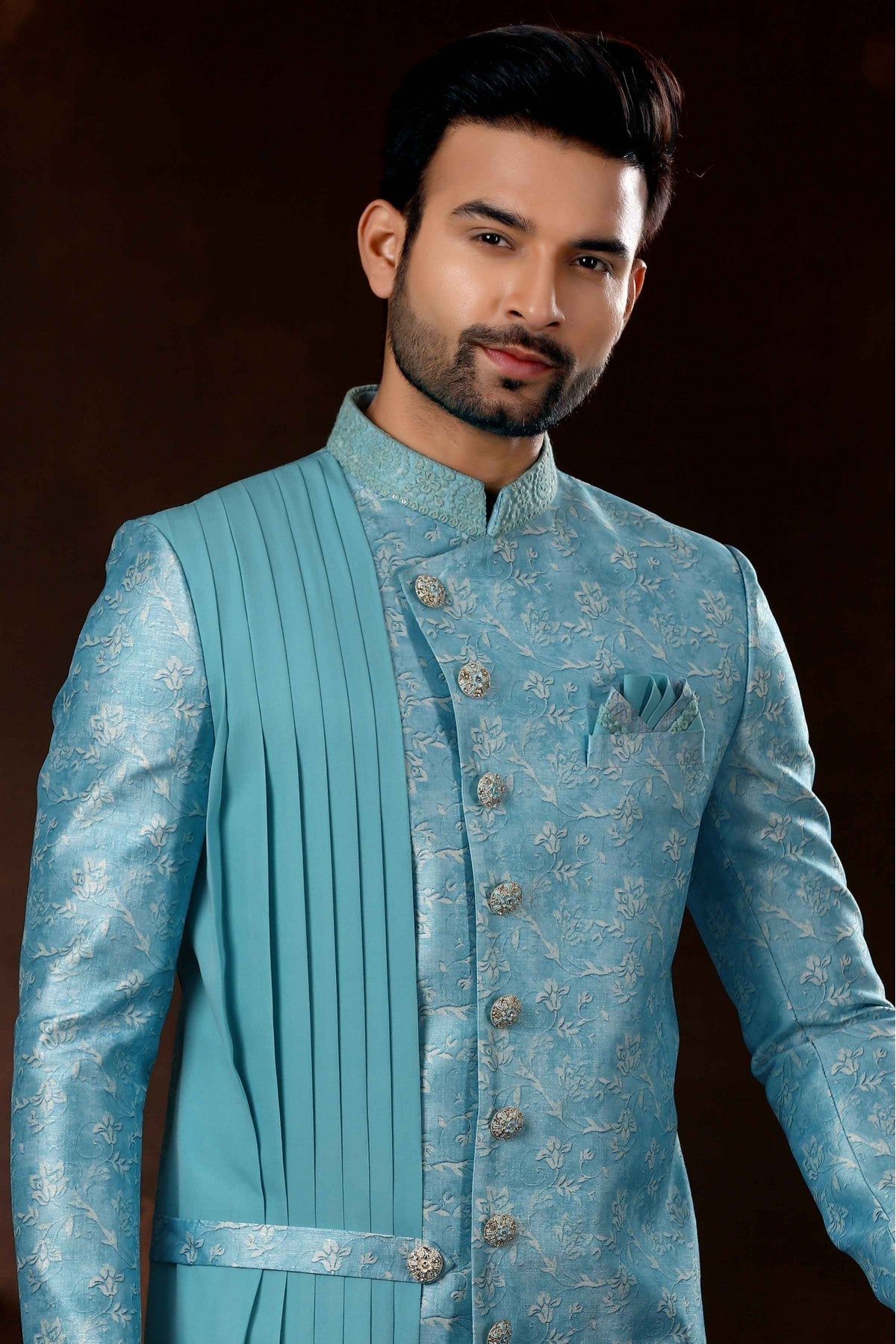 Sky Blue Colour Jacquard Sherwani VSSH1040375