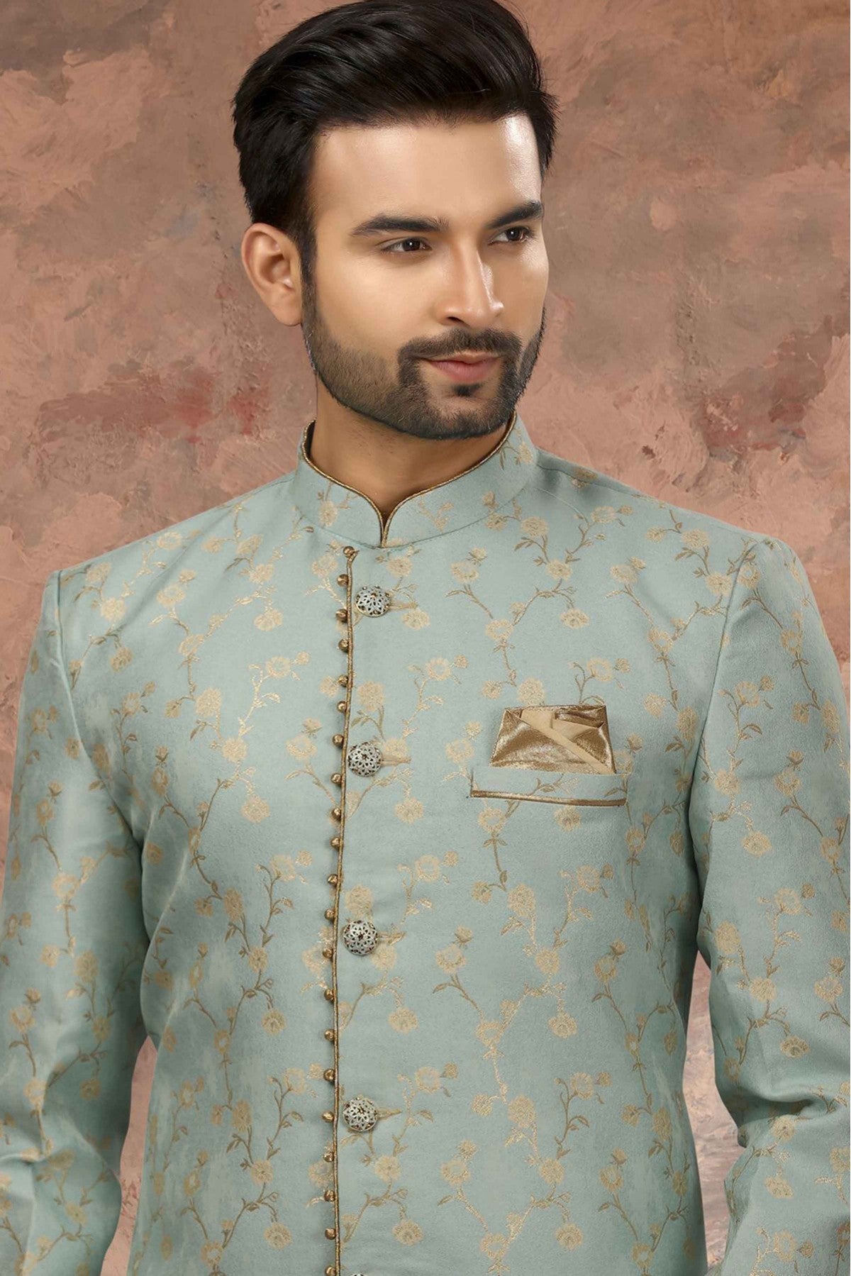 Sky Blue Colour Jacquard Woven Sherwani VSSH1040314