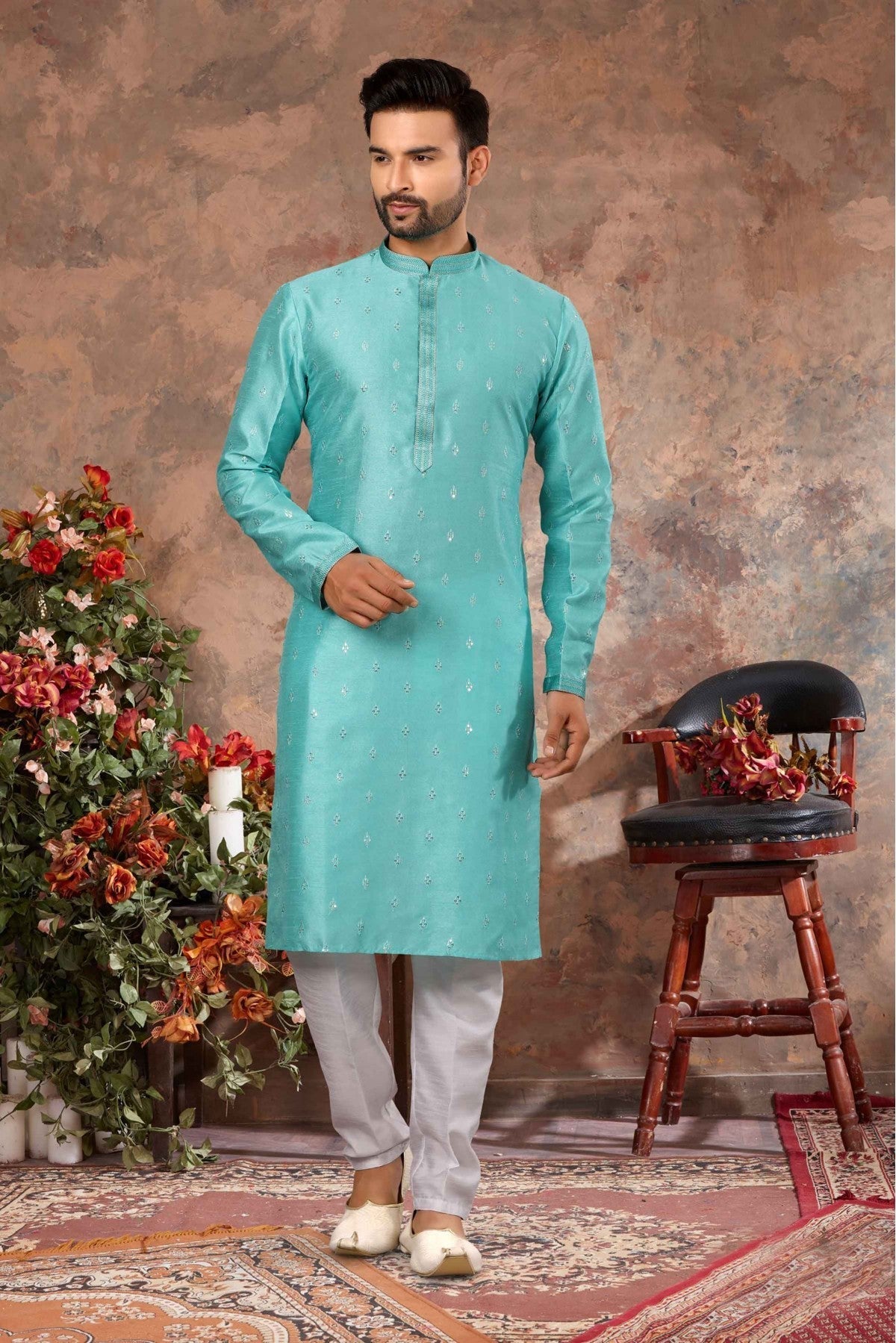 Sky Blue Colour Kurta Pajama In Silk Fabric VSKP1040133