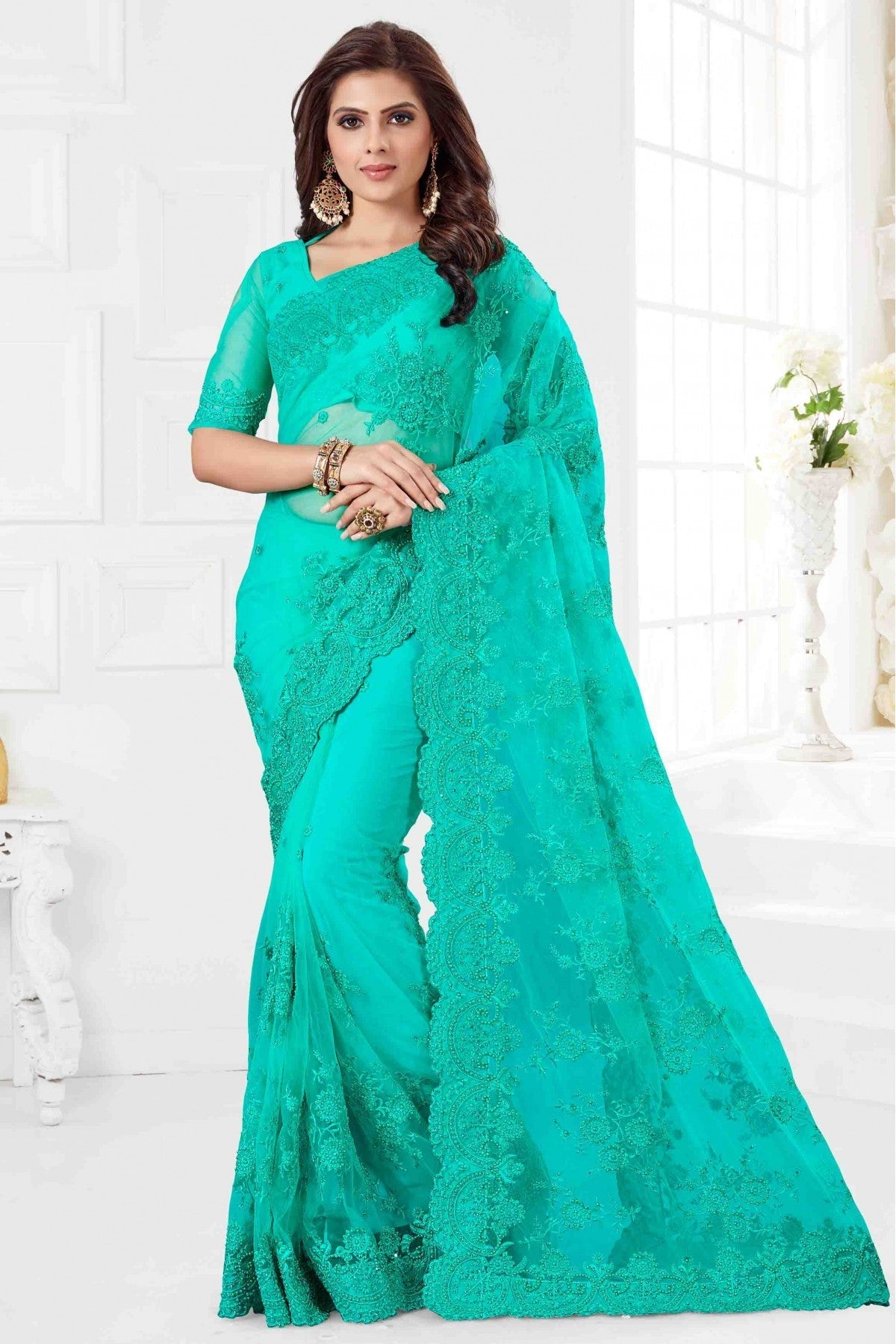 Sky Blue Colour Net Designer Saree VSSD1090060