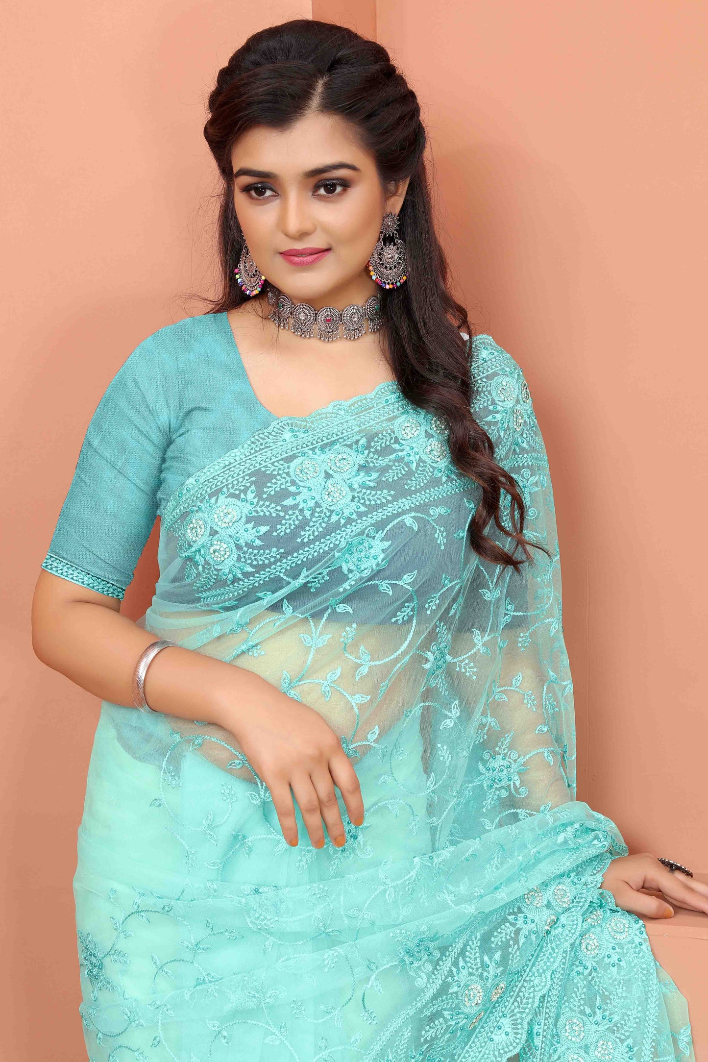 Sky Blue Colour Net Designer Saree VSSD1090515