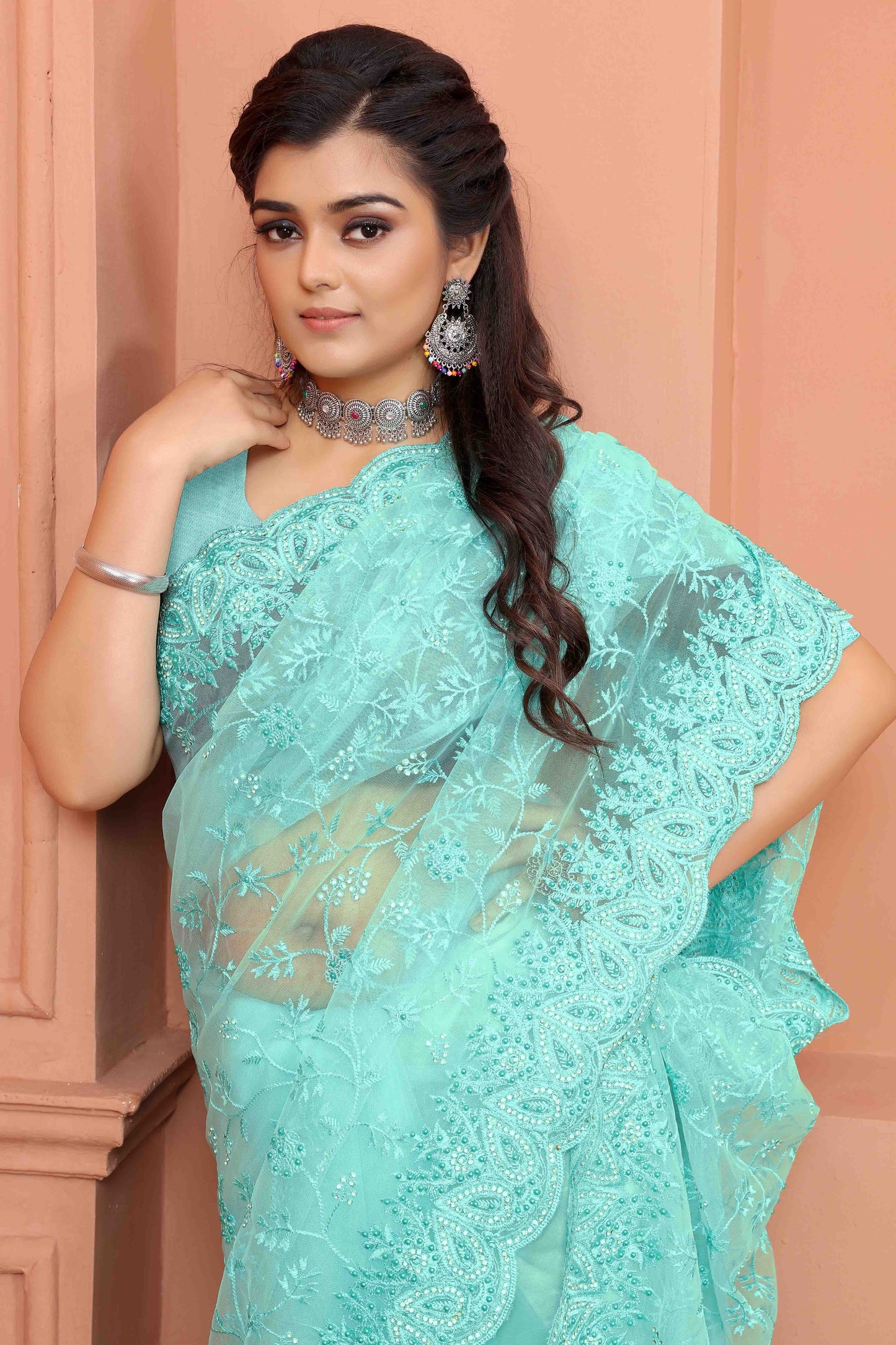 Sky Blue Colour Net Designer Saree VSSD1090520